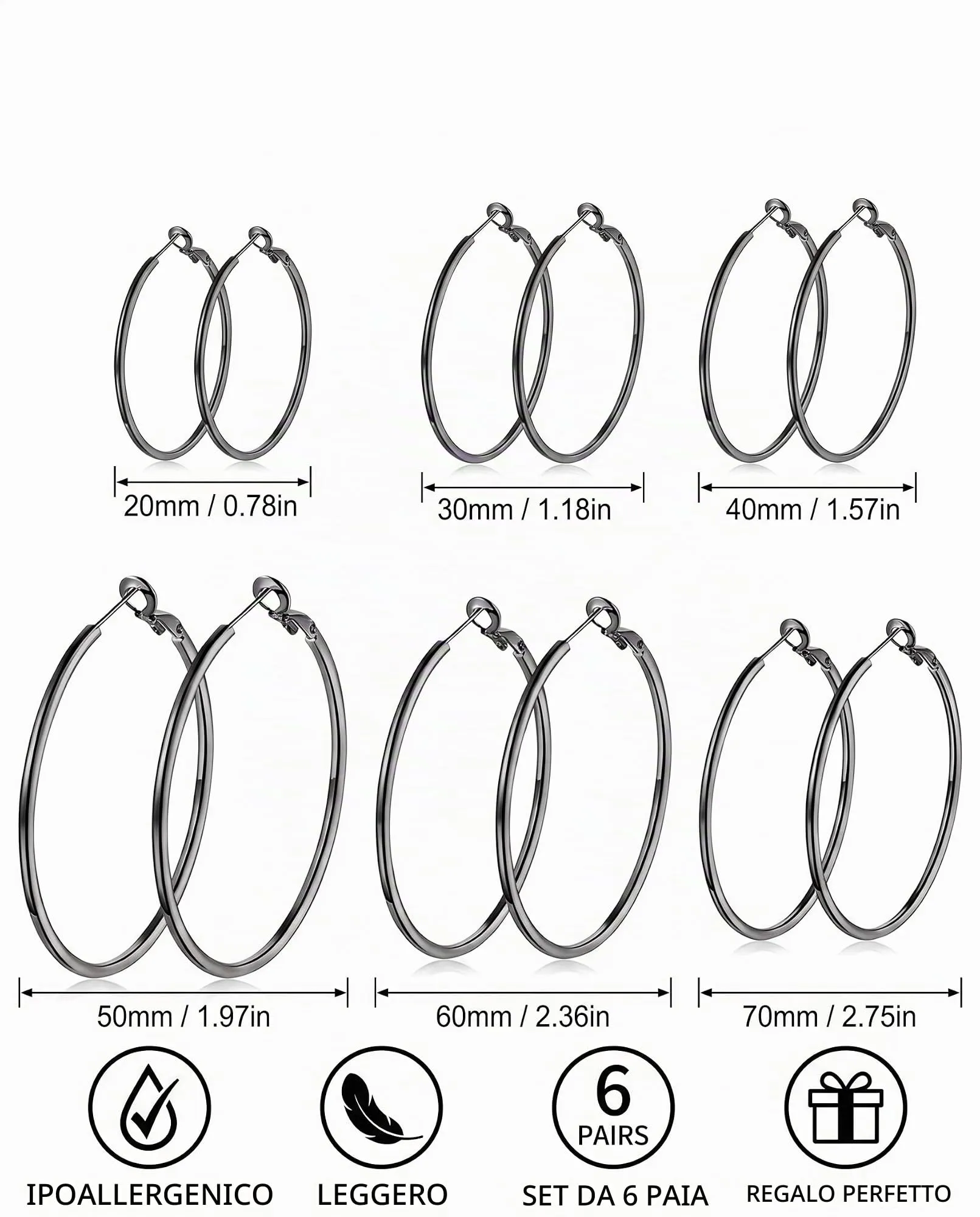 LEEQBCR Orecchini a Cerchio Donna Nero Acciaio Inossidabile 6 Coppie 6 Dimensioni Orecchini Sottili Ipoallergenici a Cerchio Acciaio Inossidabile Donna Set Regalo Gioielli Moda - immagine 6
