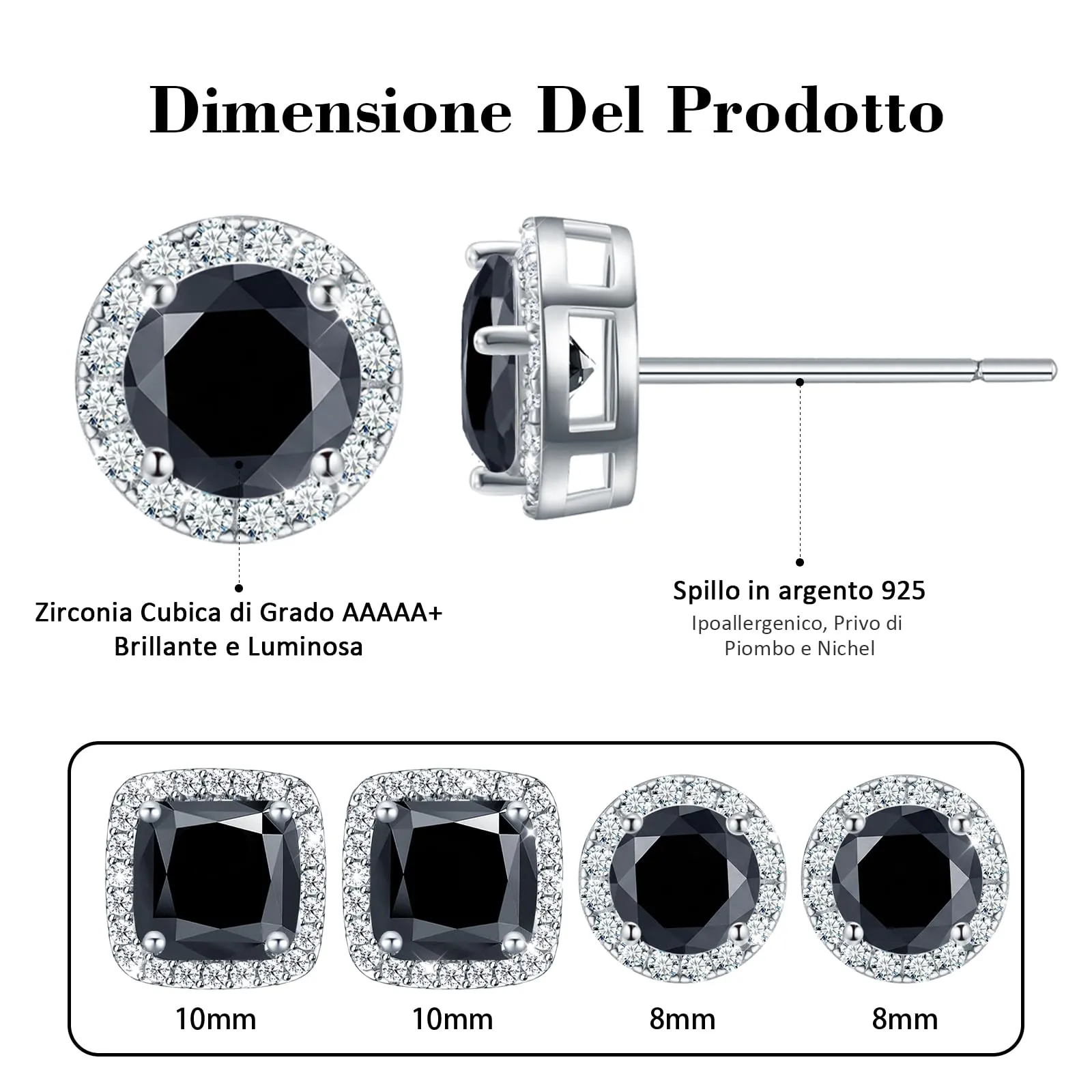 Orecchini Uomo Diamante Orecchini Donna Argento 925,Nero 2 Paia - immagine 2
