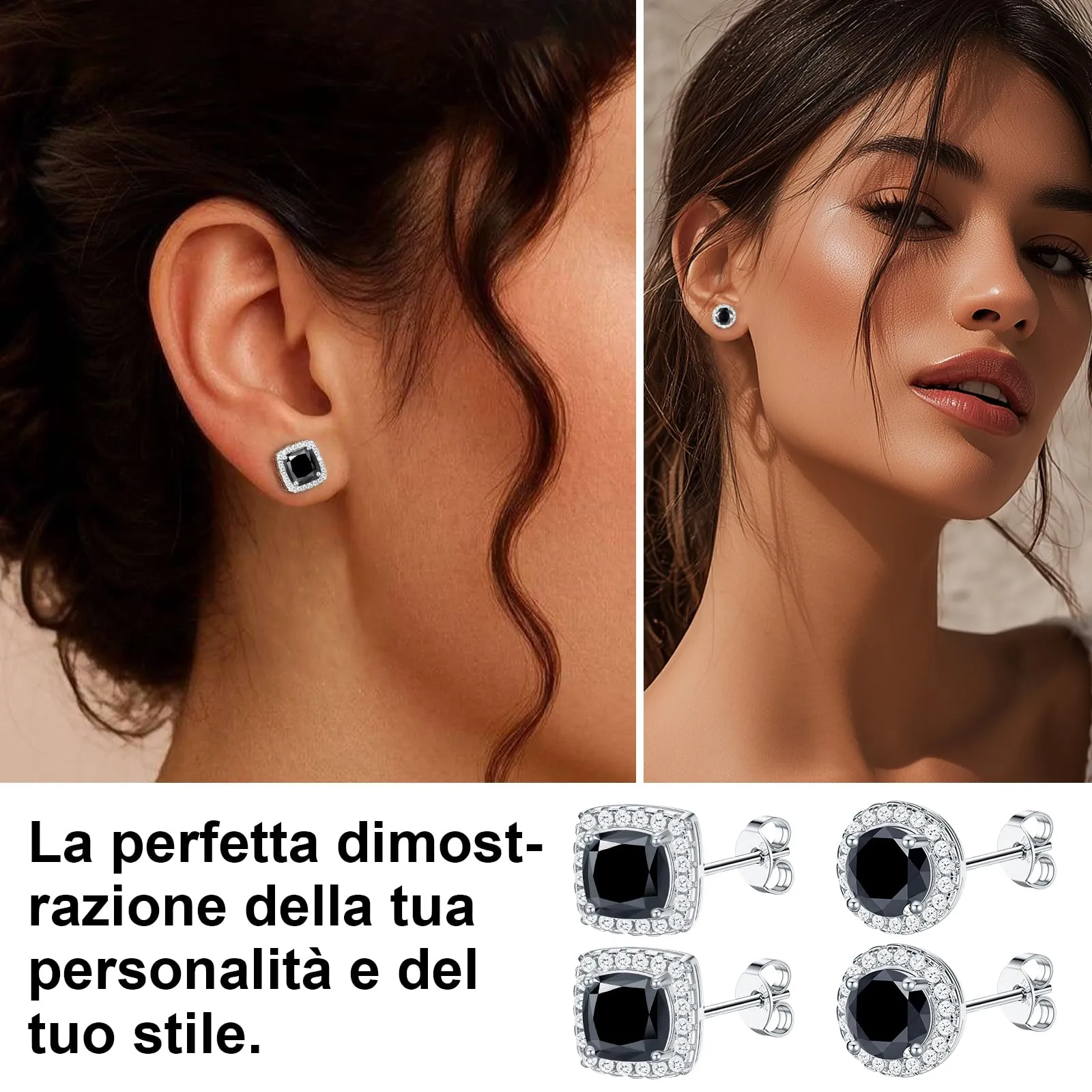 Orecchini Uomo Diamante Orecchini Donna Argento 925,Nero 2 Paia - immagine 3