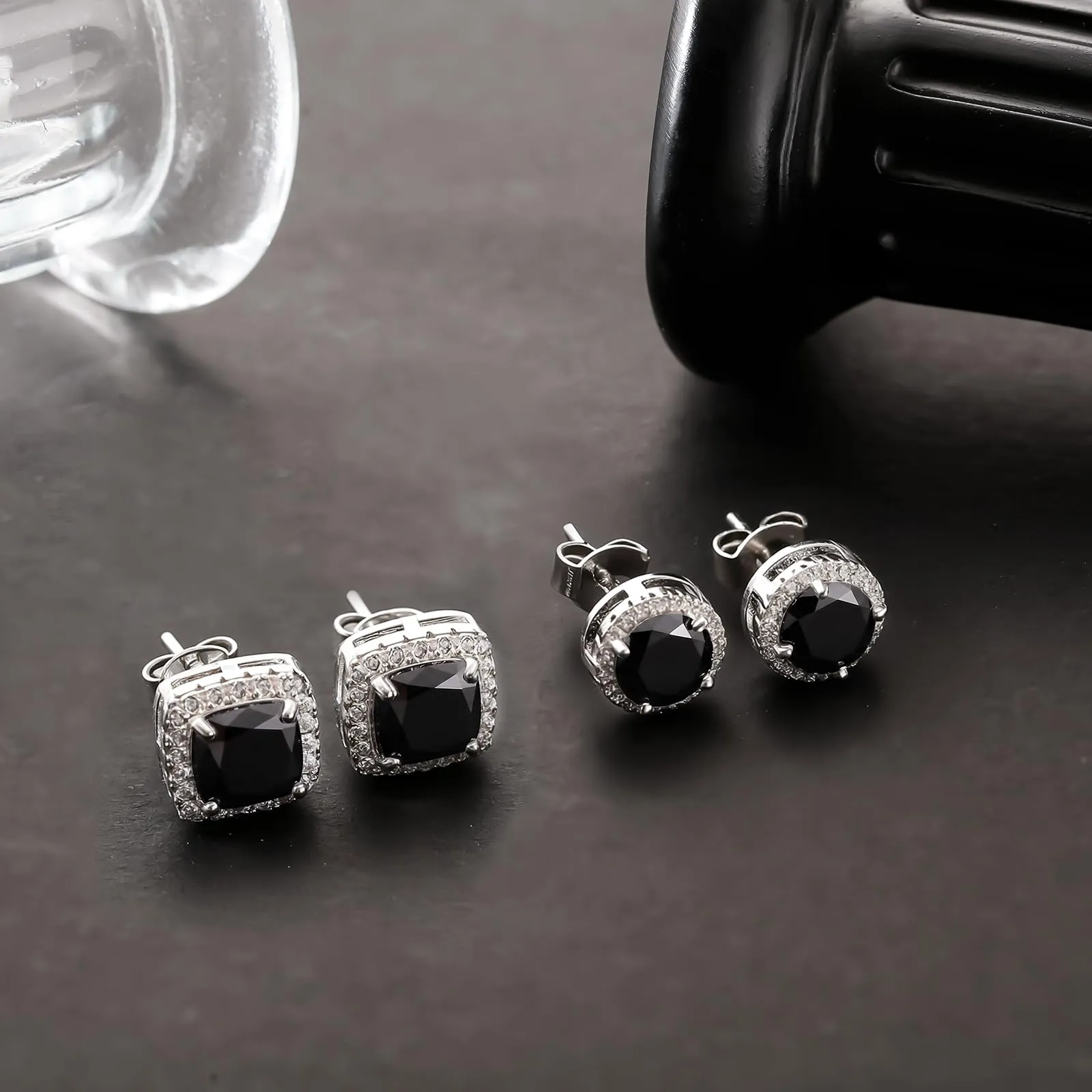 Orecchini Uomo Diamante Orecchini Donna Argento 925,Nero 2 Paia - immagine 5