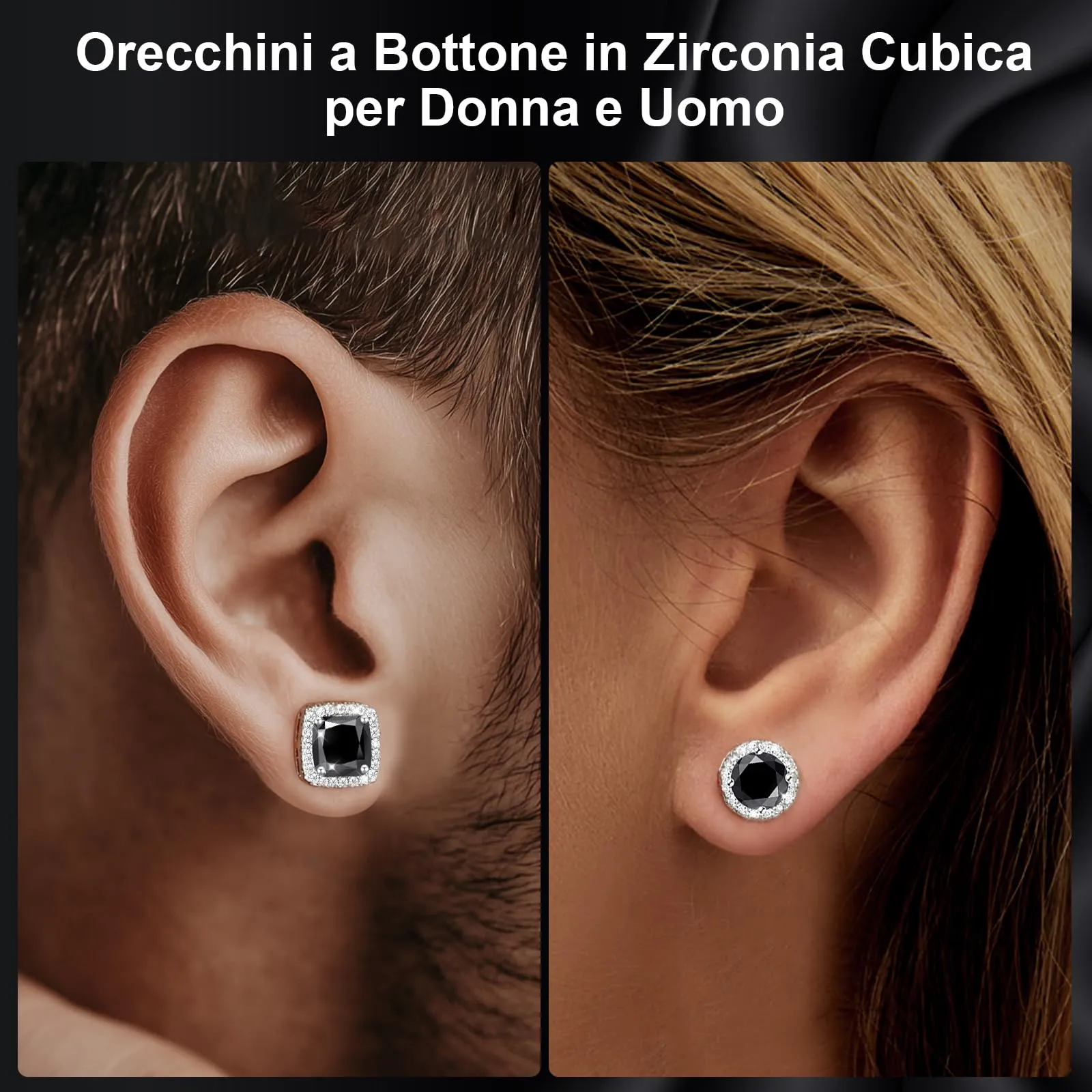 Orecchini Uomo Diamante Orecchini Donna Argento 925,Nero 2 Paia - immagine 6