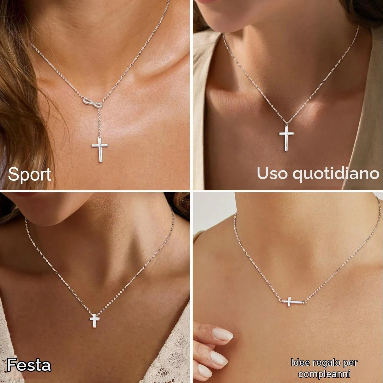 Collana con ciondolo a forma di croce, in argento, da donna, idea regalo - immagine 3
