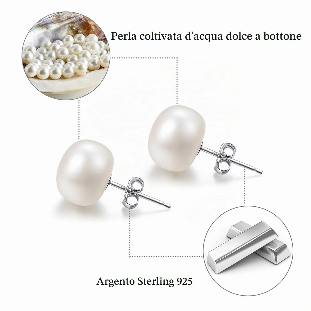 Orecchini Perle Donna Naturali D'acqua Dolce Coltivate Orecchino Argento 925 Perla Bianche Vere 10MM - immagine 4
