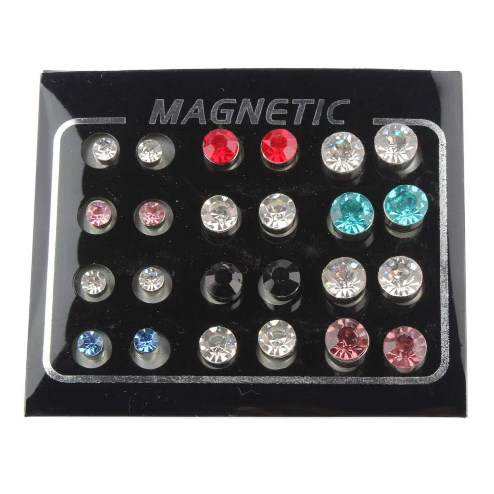 Pofet - Set di 12 paia di orecchini magnetici a clip, con strass lucenti colorati, per orecchie senza buco, unisex - immagine 1