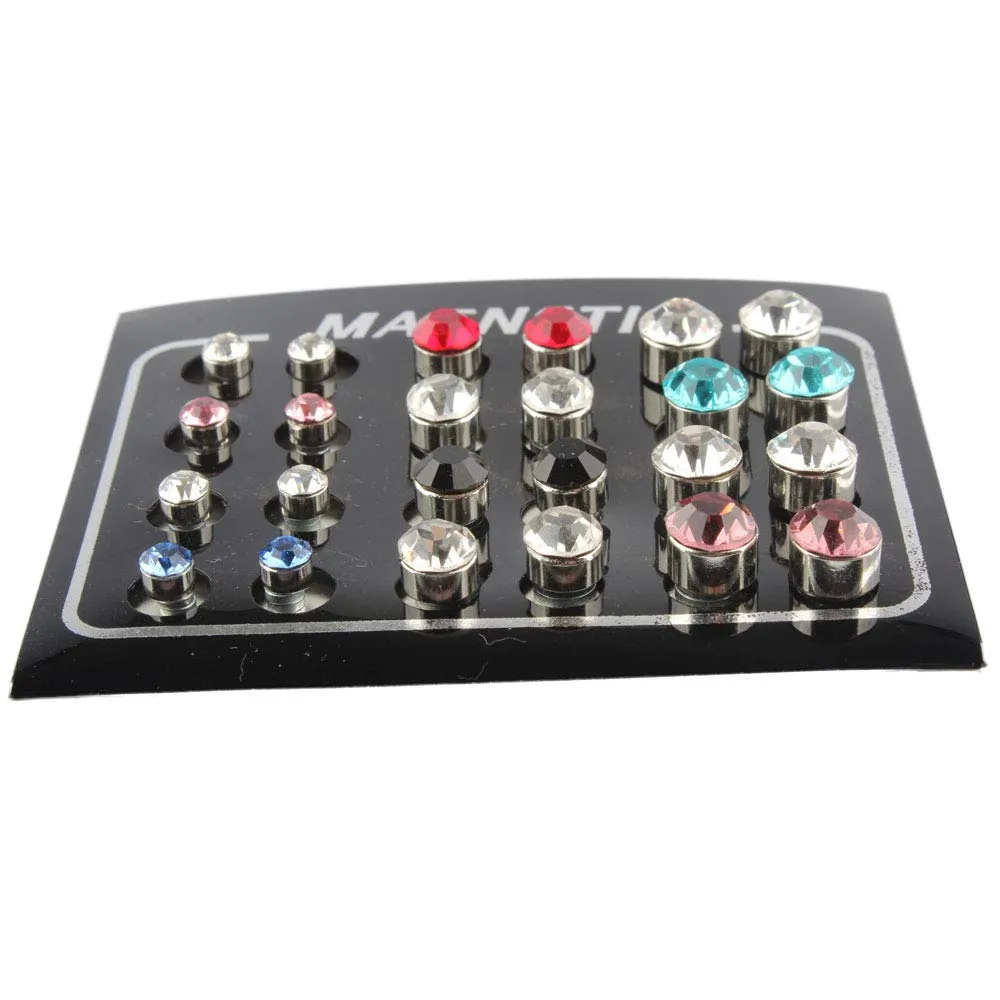 Pofet - Set di 12 paia di orecchini magnetici a clip, con strass lucenti colorati, per orecchie senza buco, unisex - immagine 2