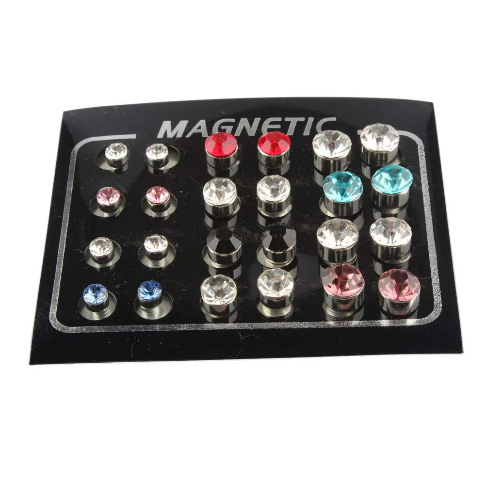 Pofet - Set di 12 paia di orecchini magnetici a clip, con strass lucenti colorati, per orecchie senza buco, unisex - immagine 3