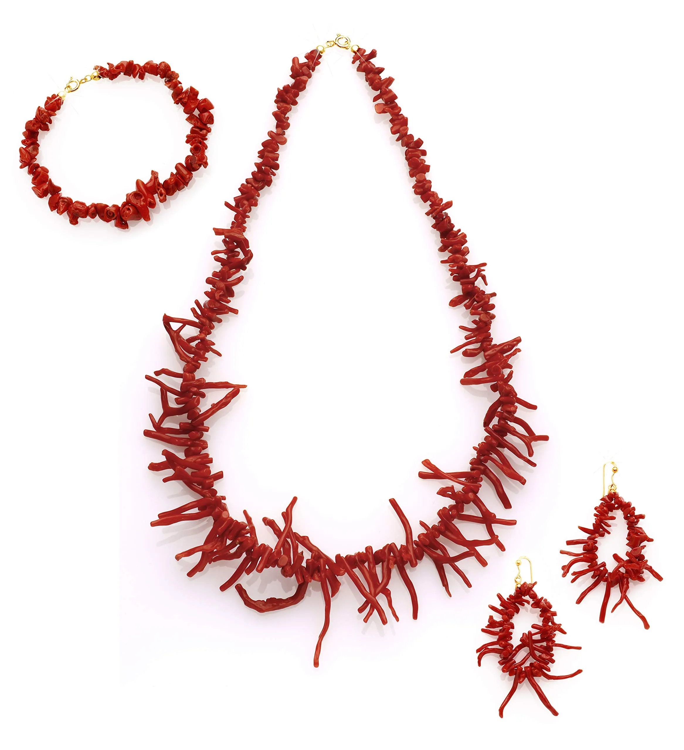 Antonino De Simone Set frangia in corallo rosso del Mediterraneo composto da collana, bracciale e orecchini montati in argento dorato 925. (collana+orecchini+bracciale, argento dorato 925) - immagine 1