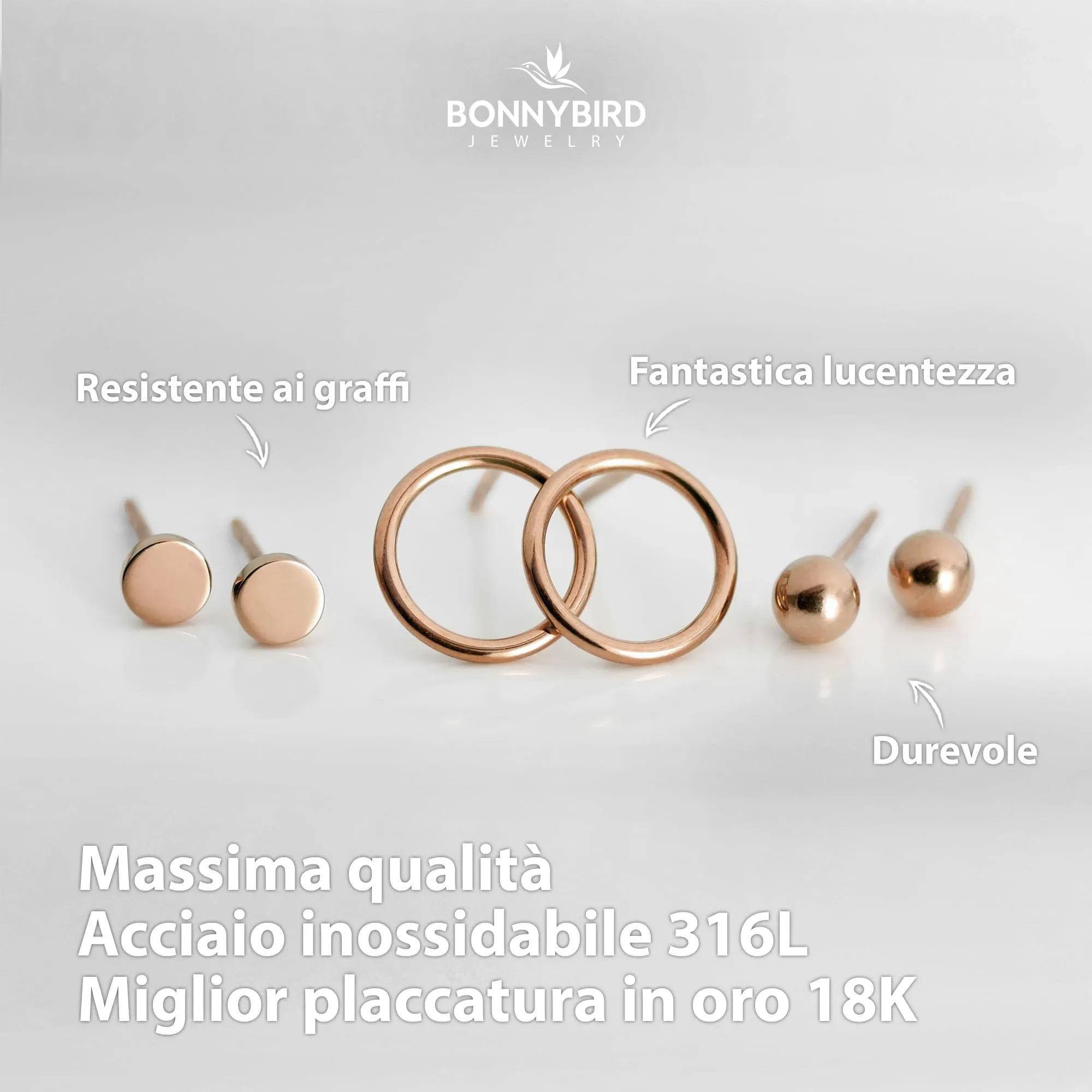 BONNYBIRD® Set Orecchini Donna Oro Rosa Acciaio Chirurgico Inossidabile Inox Anallergici Ipoallergici Senza Nichel Free Piccoli Gioielli Impermeabile Placcati Placcato - immagine 2