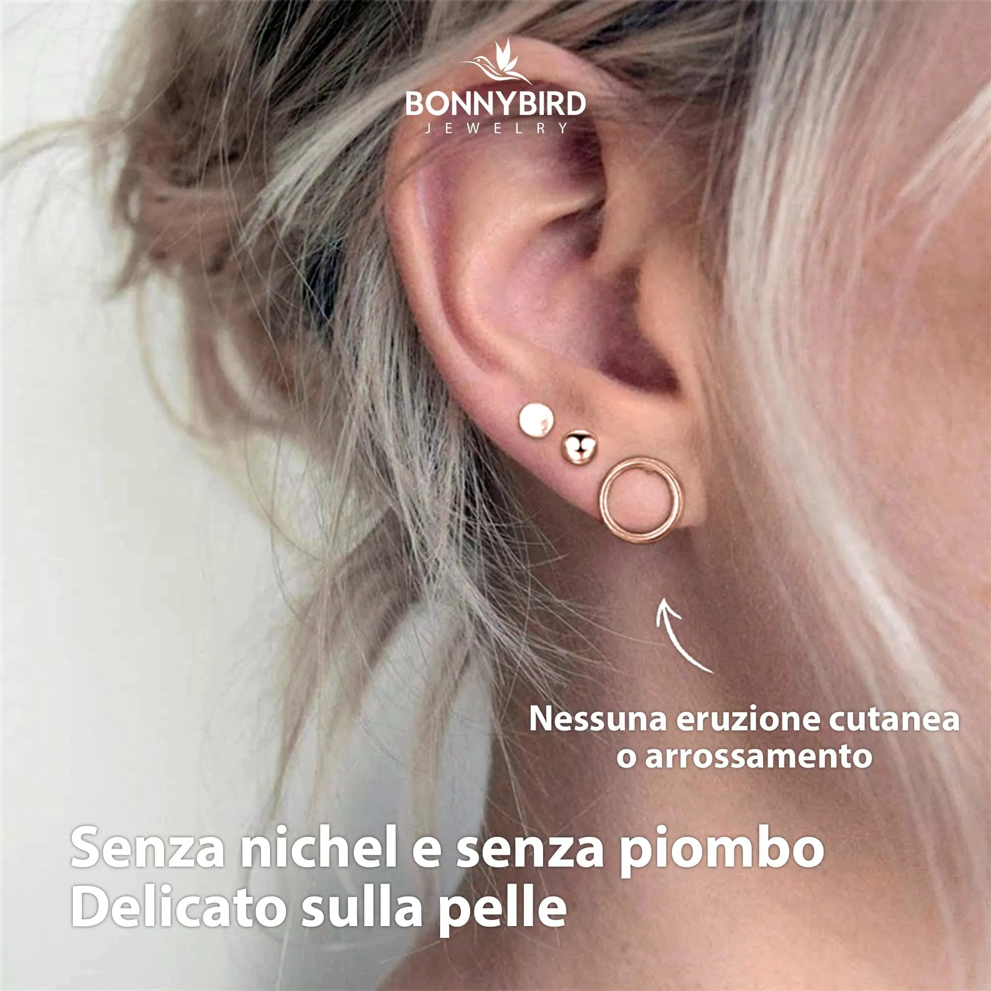 BONNYBIRD® Set Orecchini Donna Oro Rosa Acciaio Chirurgico Inossidabile Inox Anallergici Ipoallergici Senza Nichel Free Piccoli Gioielli Impermeabile Placcati Placcato - immagine 3