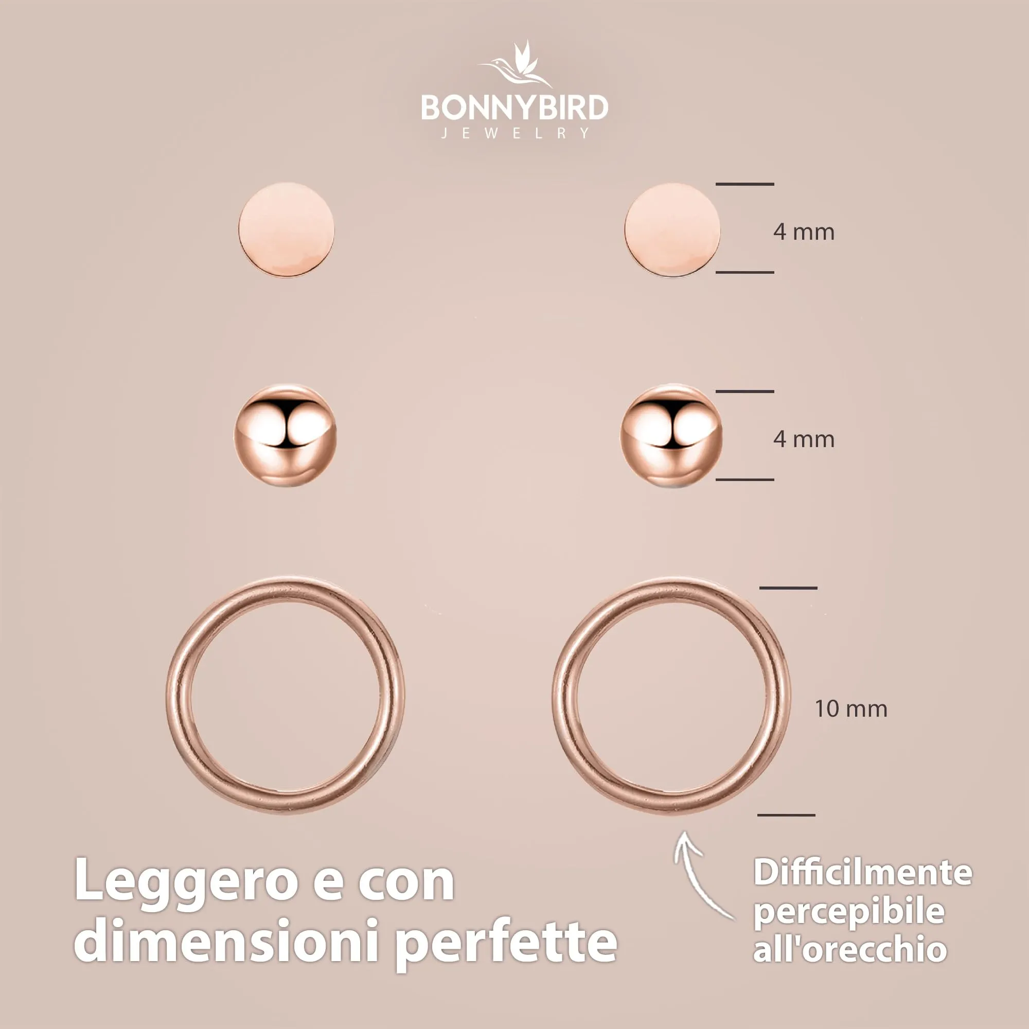 BONNYBIRD® Set Orecchini Donna Oro Rosa Acciaio Chirurgico Inossidabile Inox Anallergici Ipoallergici Senza Nichel Free Piccoli Gioielli Impermeabile Placcati Placcato - immagine 6