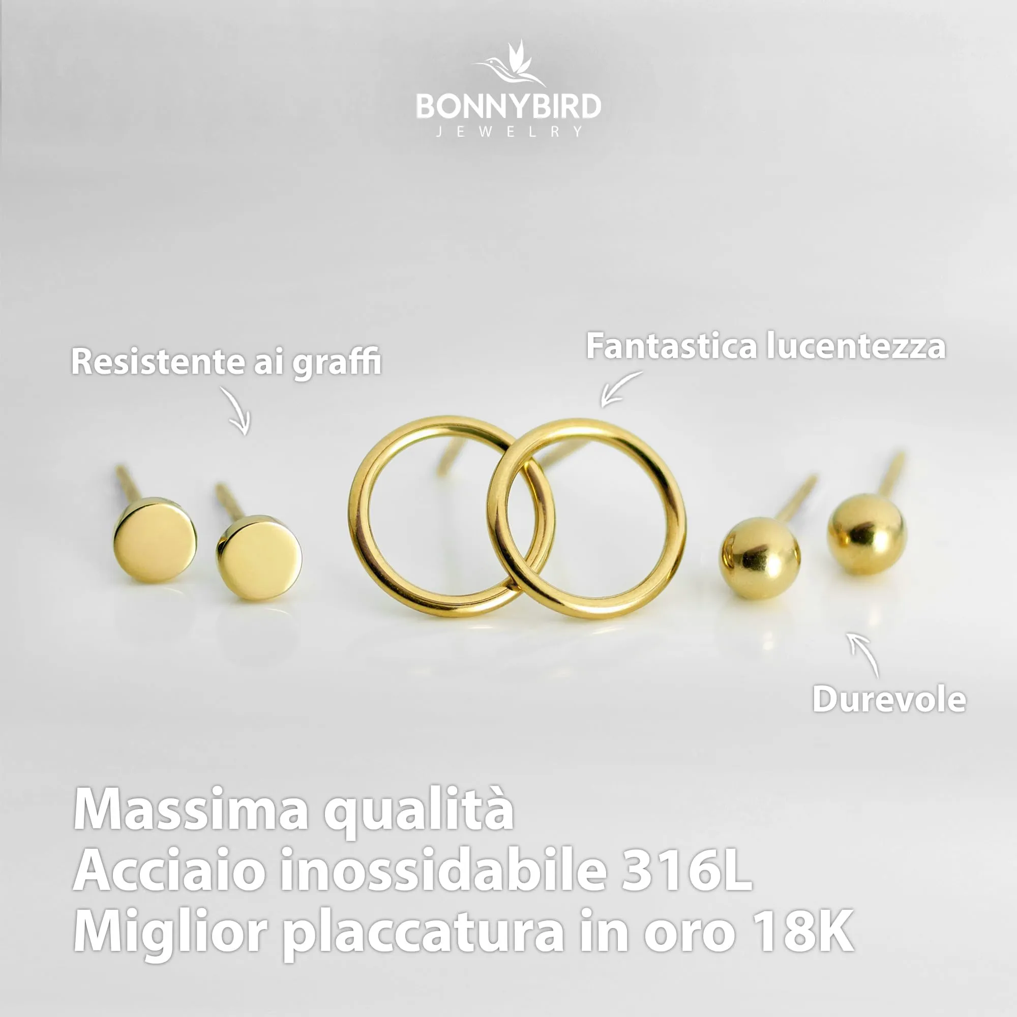 BONNYBIRD® Set Orecchini Donna Oro Acciaio Chirurgico Inossidabile Inox Anallergici Ipoallergici Senza Nichel Free Piccoli Gioielli Impermeabile Placcati Placcato - immagine 2