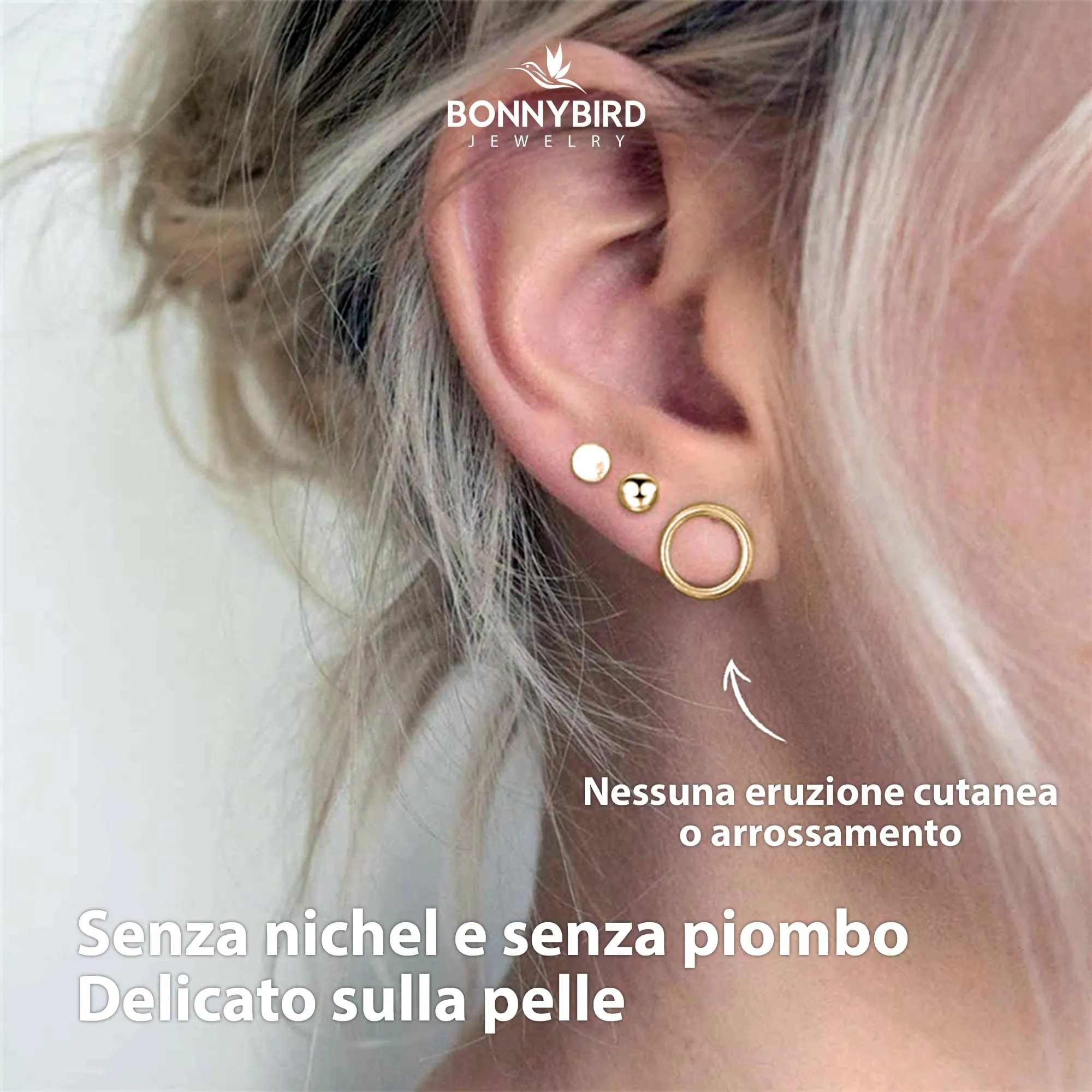 BONNYBIRD® Set Orecchini Donna Oro Acciaio Chirurgico Inossidabile Inox Anallergici Ipoallergici Senza Nichel Free Piccoli Gioielli Impermeabile Placcati Placcato - immagine 3