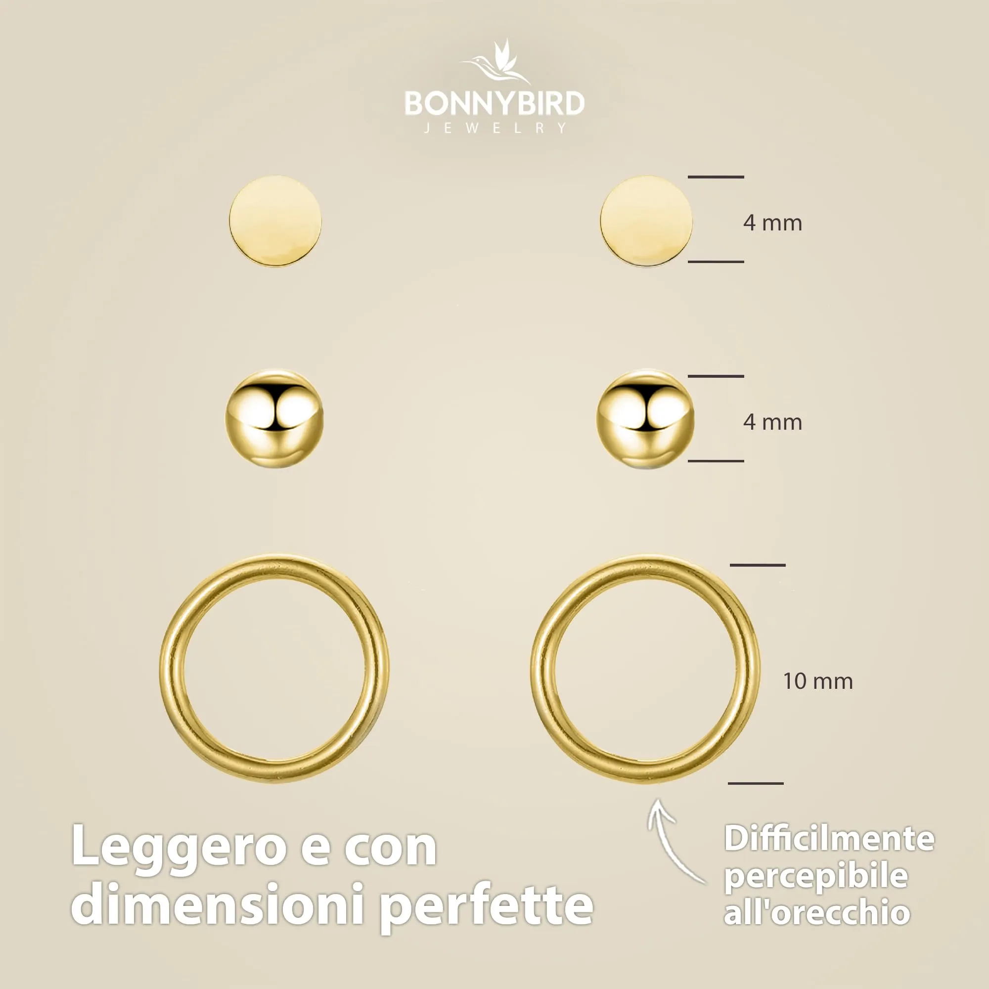 BONNYBIRD® Set Orecchini Donna Oro Acciaio Chirurgico Inossidabile Inox Anallergici Ipoallergici Senza Nichel Free Piccoli Gioielli Impermeabile Placcati Placcato - immagine 6