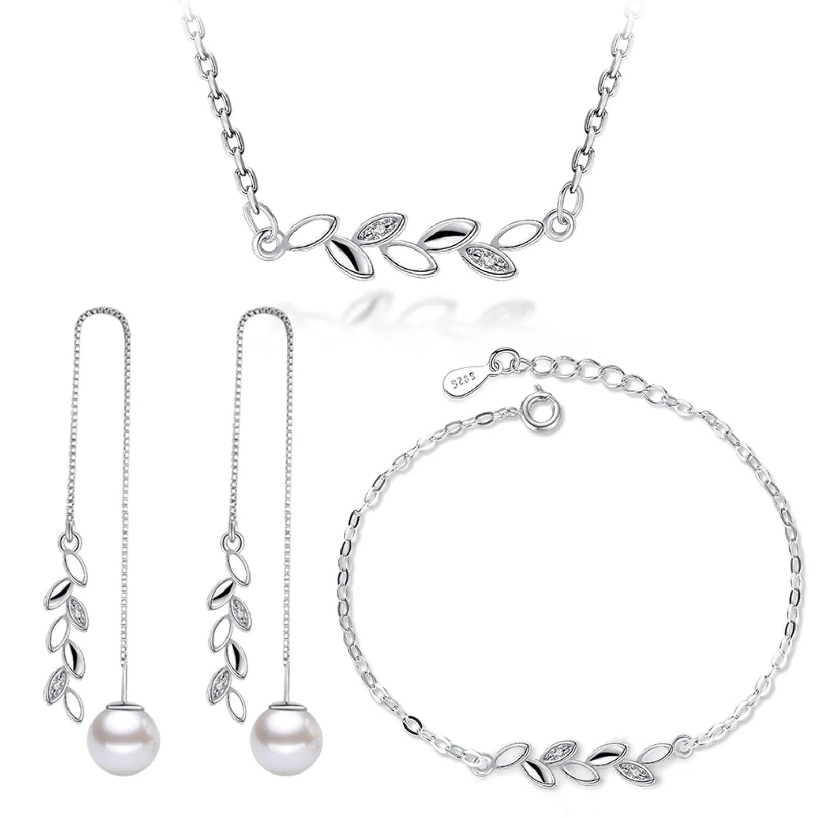 HCMA Set di gioielli in argento sterling 925 con perle semplici foglie collana di zirconi + orecchini + braccialetto per set di gioielli da sposa regalo ragazza donna - immagine 1