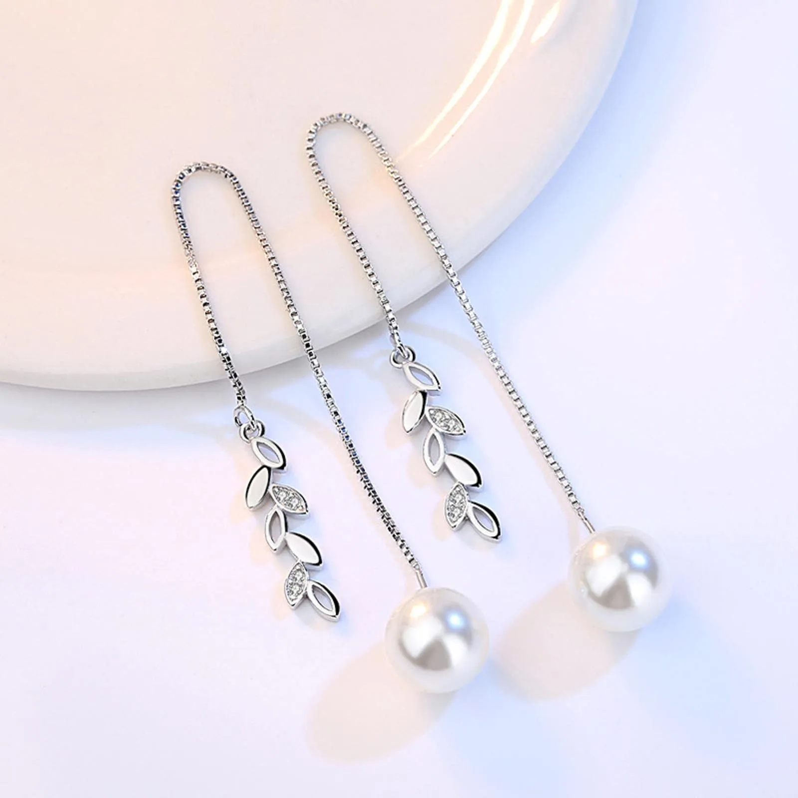 HCMA Set di gioielli in argento sterling 925 con perle semplici foglie collana di zirconi + orecchini + braccialetto per set di gioielli da sposa regalo ragazza donna - immagine 2