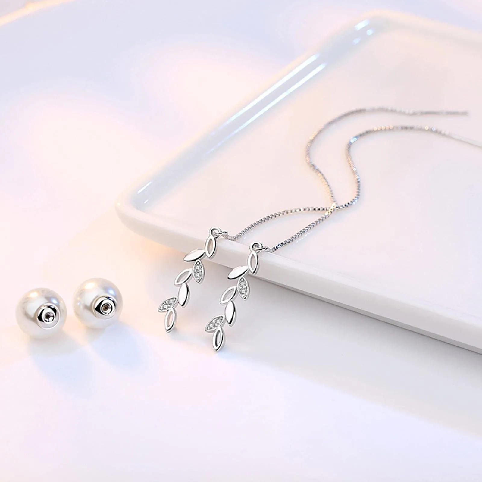 HCMA Set di gioielli in argento sterling 925 con perle semplici foglie collana di zirconi + orecchini + braccialetto per set di gioielli da sposa regalo ragazza donna - immagine 3