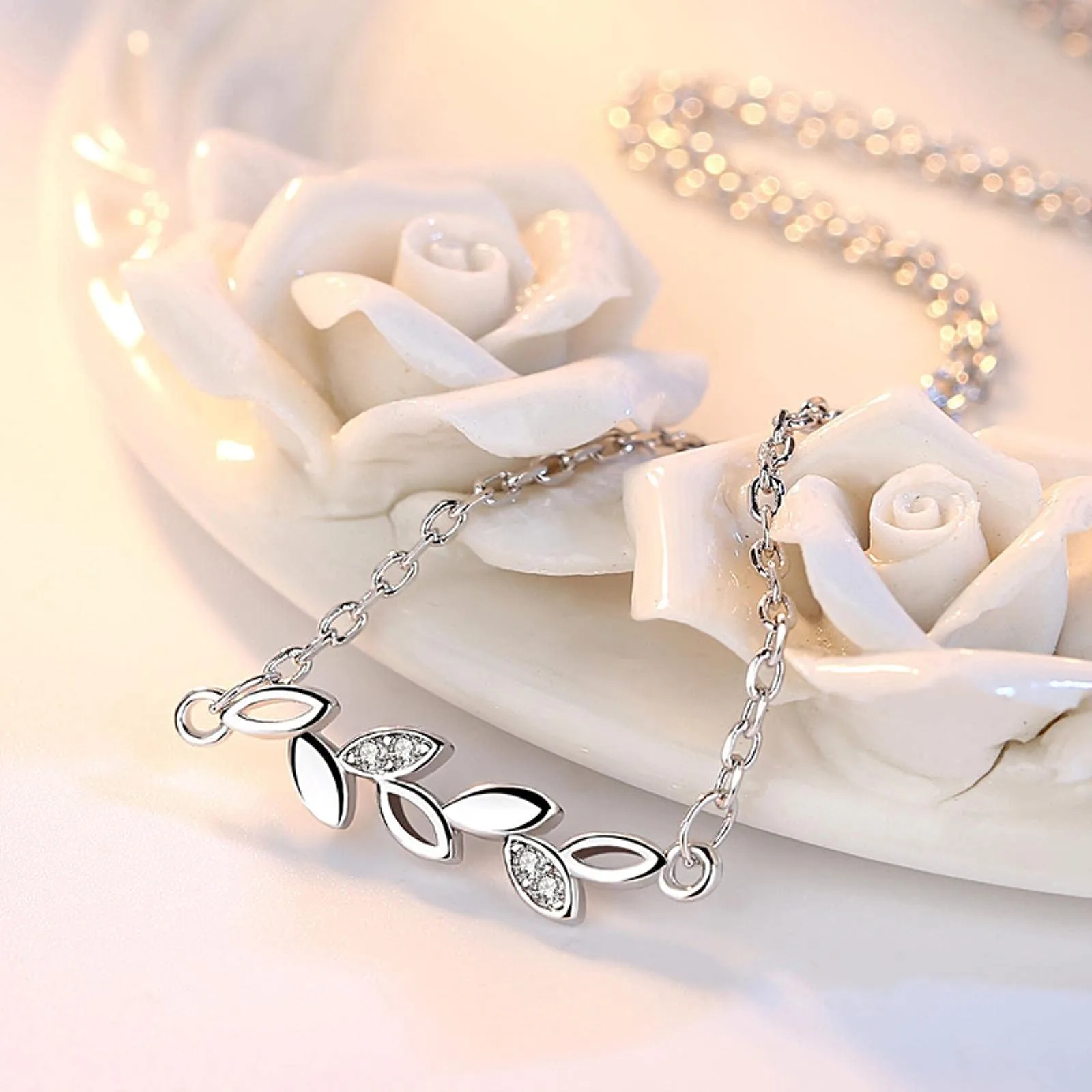 HCMA Set di gioielli in argento sterling 925 con perle semplici foglie collana di zirconi + orecchini + braccialetto per set di gioielli da sposa regalo ragazza donna - immagine 5