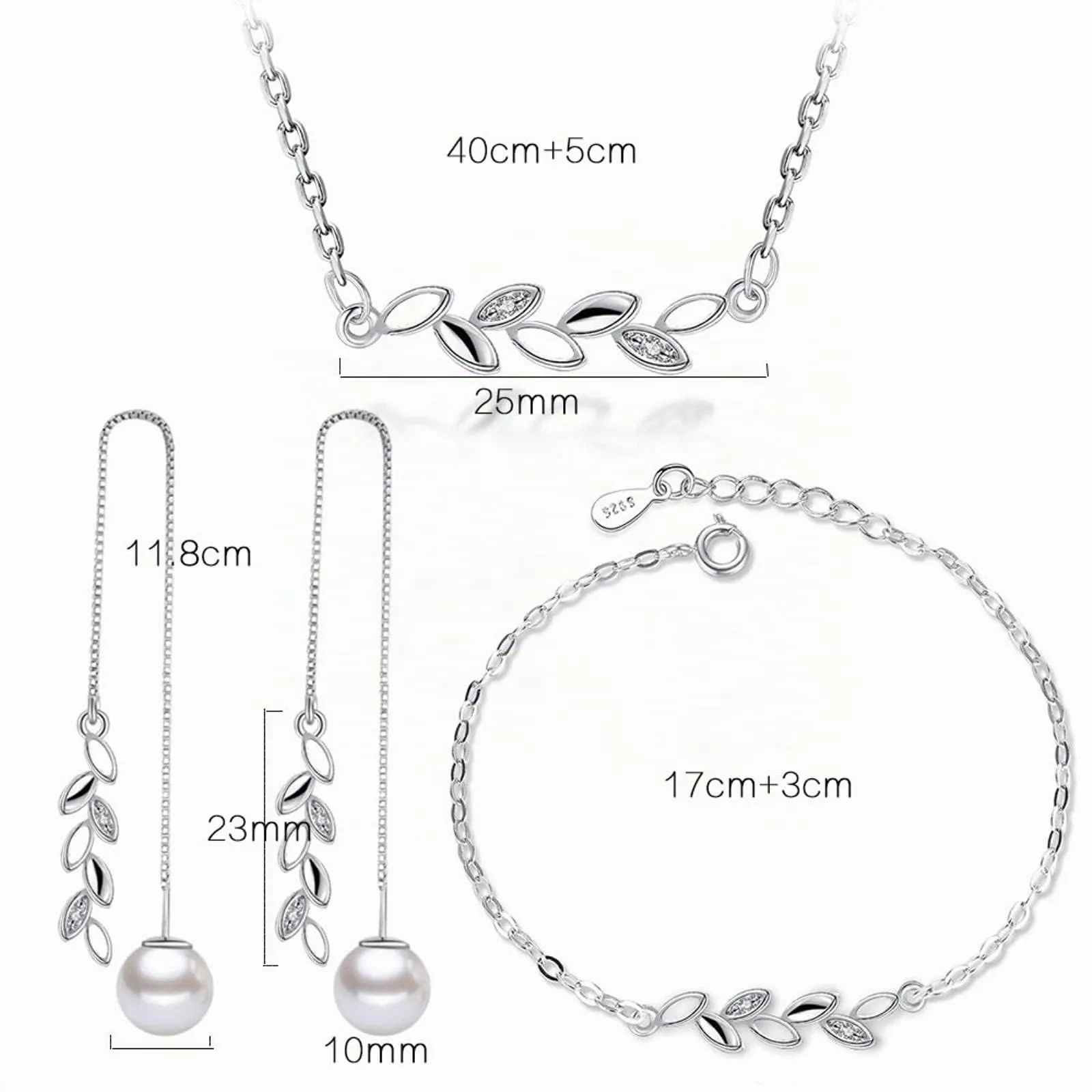 HCMA Set di gioielli in argento sterling 925 con perle semplici foglie collana di zirconi + orecchini + braccialetto per set di gioielli da sposa regalo ragazza donna - immagine 6
