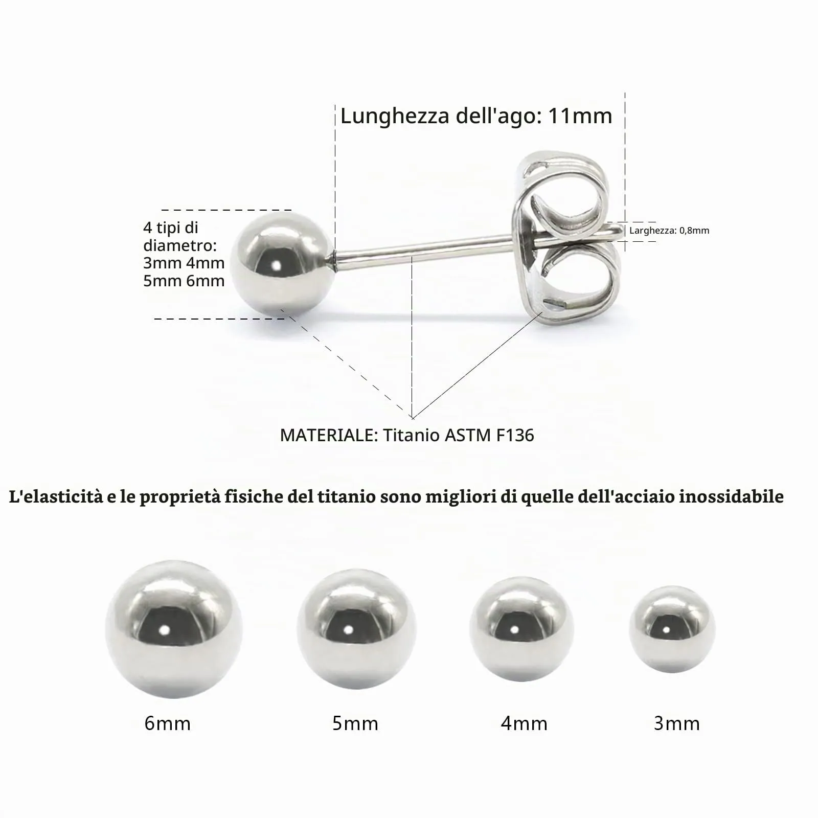 Artskin G23 orecchini a sfera in titanio per donne uomini ragazza ipoallergenici 6 mm orecchini in argento per orecchie sensibili - immagine 2