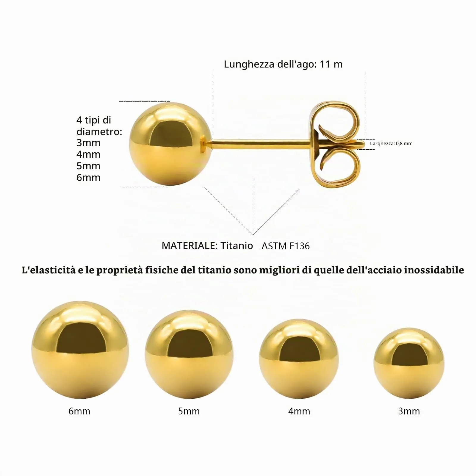Artskin Orecchini a Sfera in Titanio 3 mm, Oro Ipoallergenici per Ragazze e Orecchie Sensibili - immagine 2