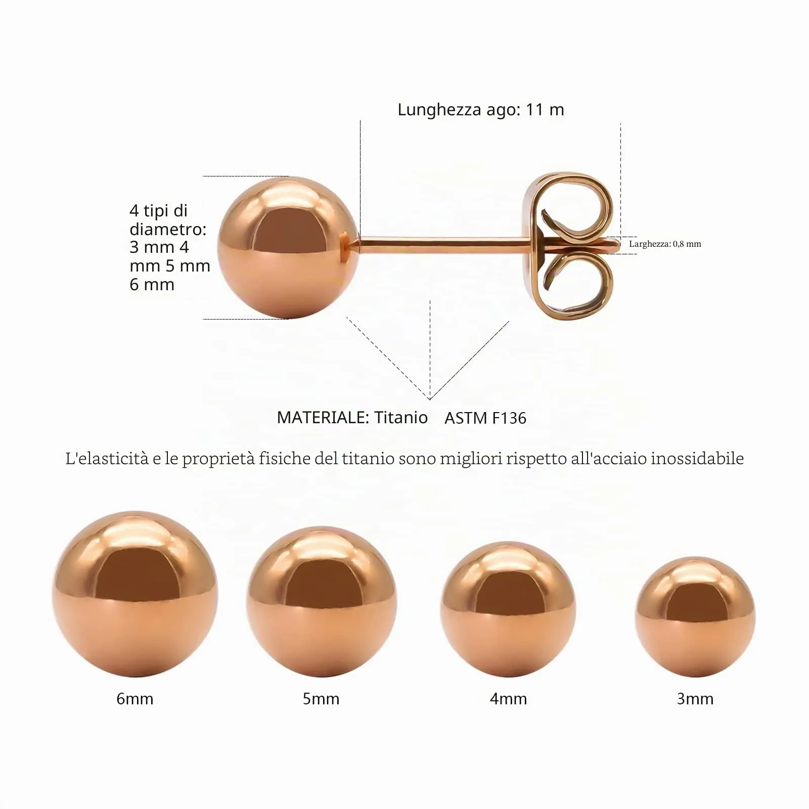 Artskin G23 titanio palla orecchini donne 4 mm ipoallergenico oro rosa ragazze orecchini per orecchie sensibili - immagine 2