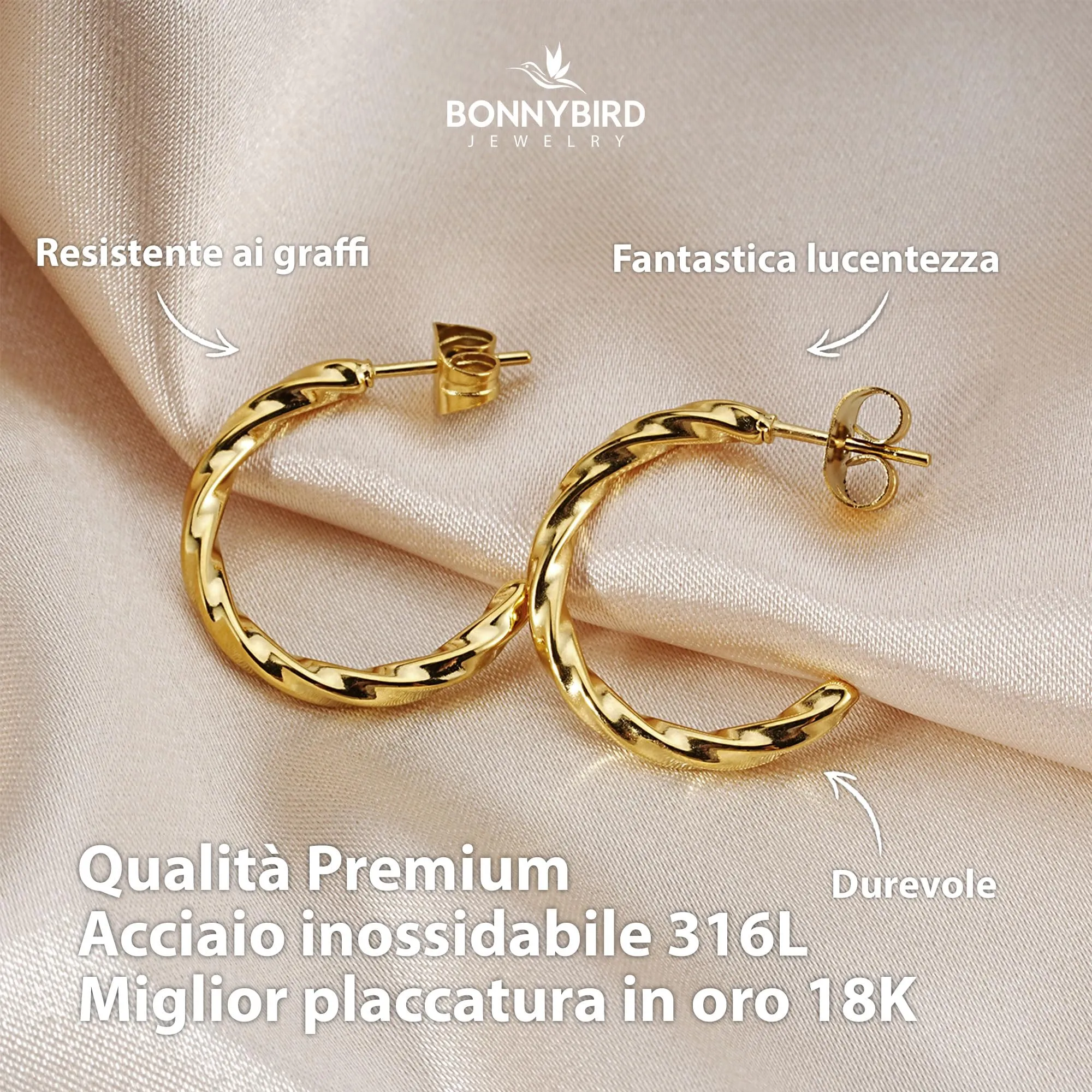 BONNYBIRD® Orecchini Cerchio Donna Oro Set Acciaio Chirurgico Inossidabile Inox Anallergici Senza Nichel Free Gioielli Impermeabile Placcati Placcato - immagine 2
