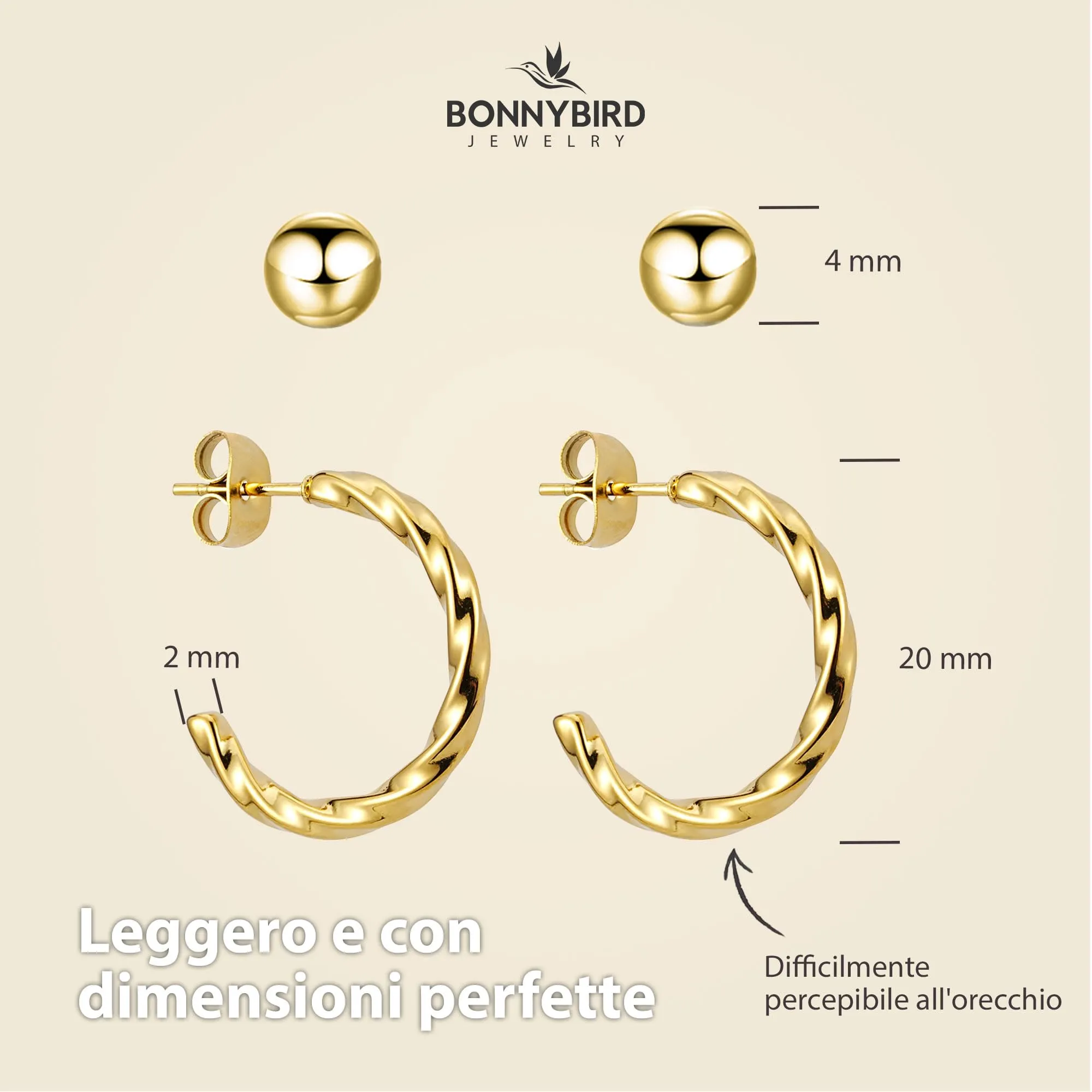BONNYBIRD® Orecchini Cerchio Donna Oro Set Acciaio Chirurgico Inossidabile Inox Anallergici Senza Nichel Free Gioielli Impermeabile Placcati Placcato - immagine 5