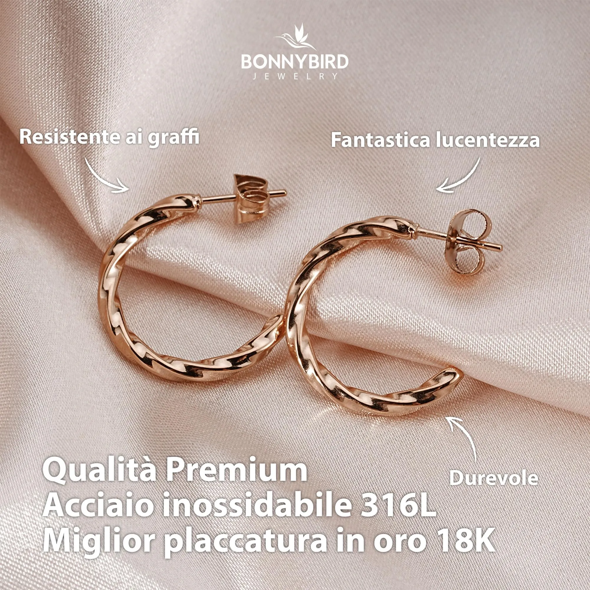 BONNYBIRD® Orecchini Cerchio Donna Oro Rosa Set Acciaio Chirurgico Inossidabile Inox Anallergici Senza Nichel Free Gioielli Impermeabile Placcati Placcato - immagine 2