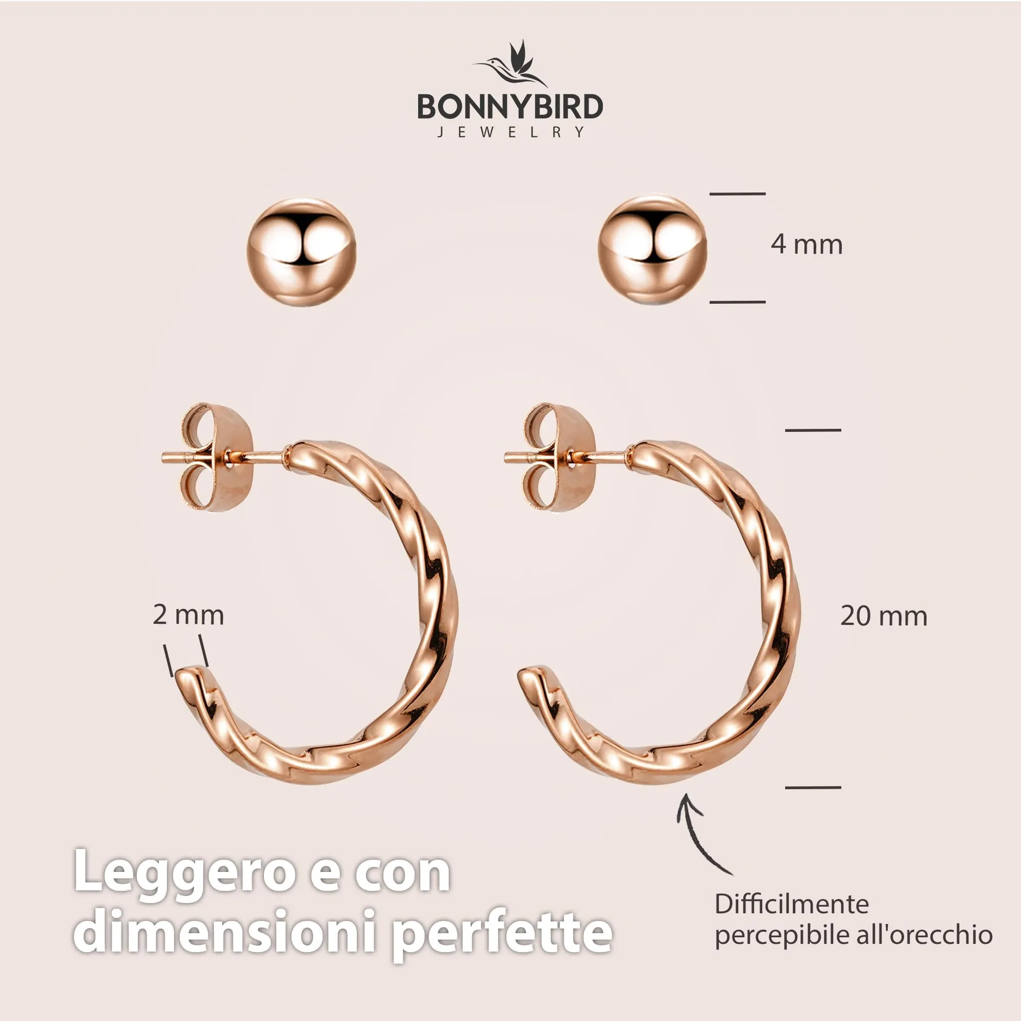 BONNYBIRD® Orecchini Cerchio Donna Oro Rosa Set Acciaio Chirurgico Inossidabile Inox Anallergici Senza Nichel Free Gioielli Impermeabile Placcati Placcato - immagine 5