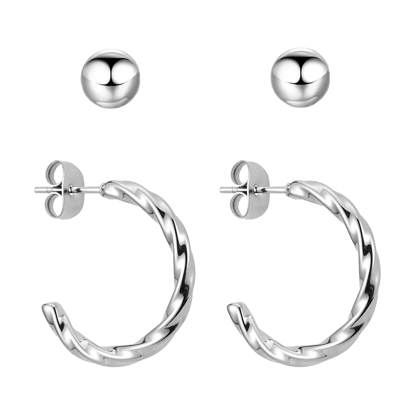 BONNYBIRD® Orecchini Cerchio Donna Argento Set Acciaio Chirurgico Inossidabile Inox Anallergici Senza Nichel Free Gioielli Impermeabile - immagine 1