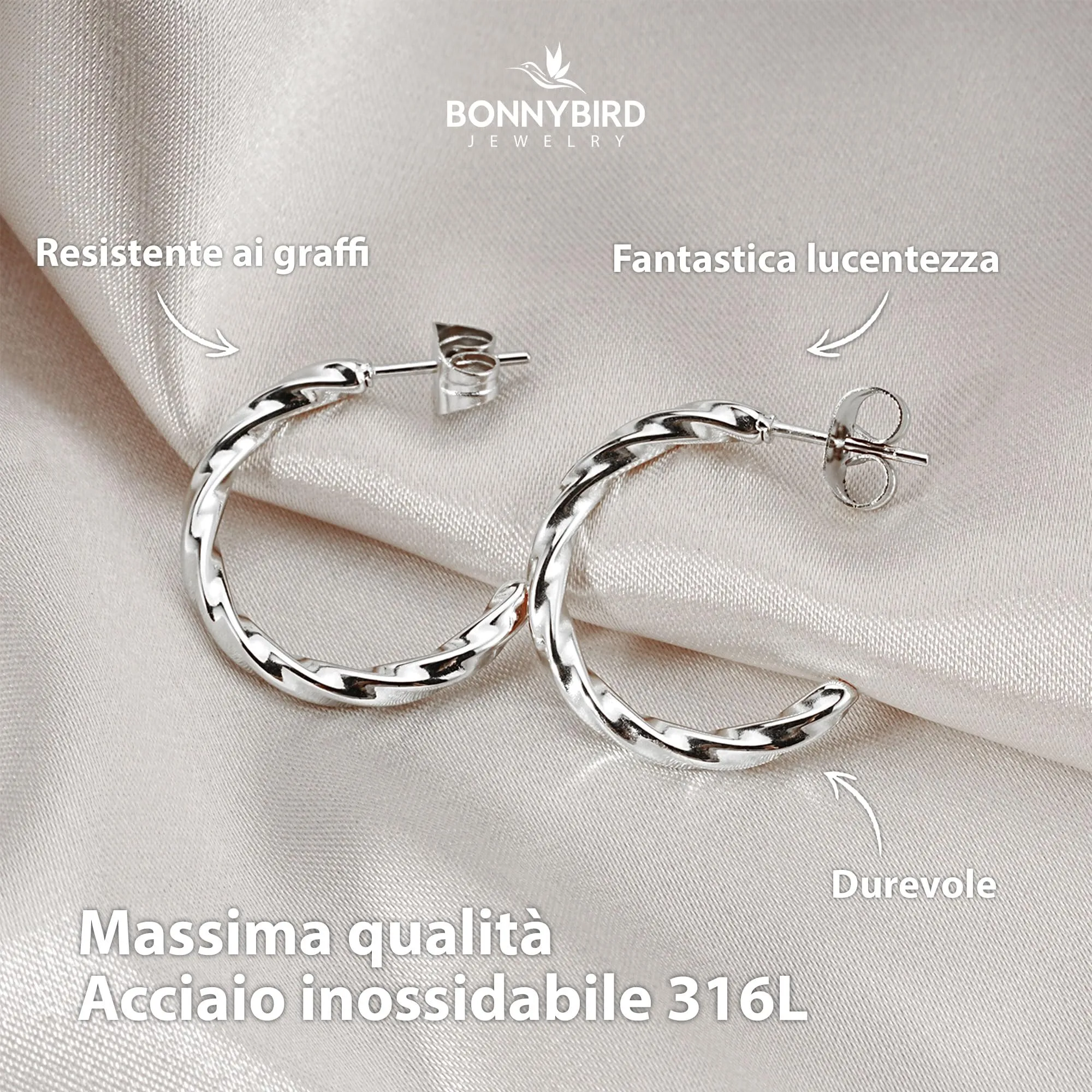 BONNYBIRD® Orecchini Cerchio Donna Argento Set Acciaio Chirurgico Inossidabile Inox Anallergici Senza Nichel Free Gioielli Impermeabile - immagine 2