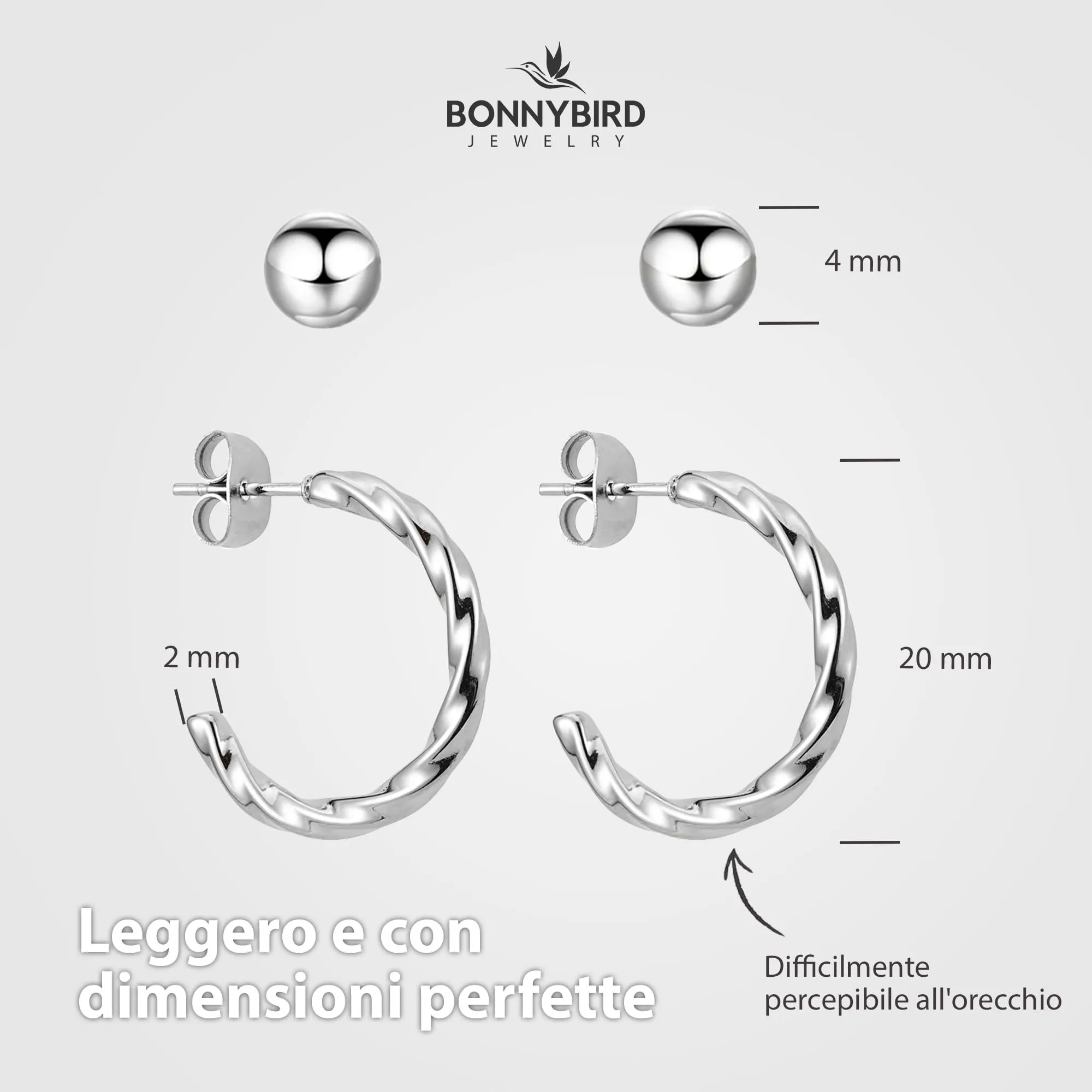 BONNYBIRD® Orecchini Cerchio Donna Argento Set Acciaio Chirurgico Inossidabile Inox Anallergici Senza Nichel Free Gioielli Impermeabile - immagine 5