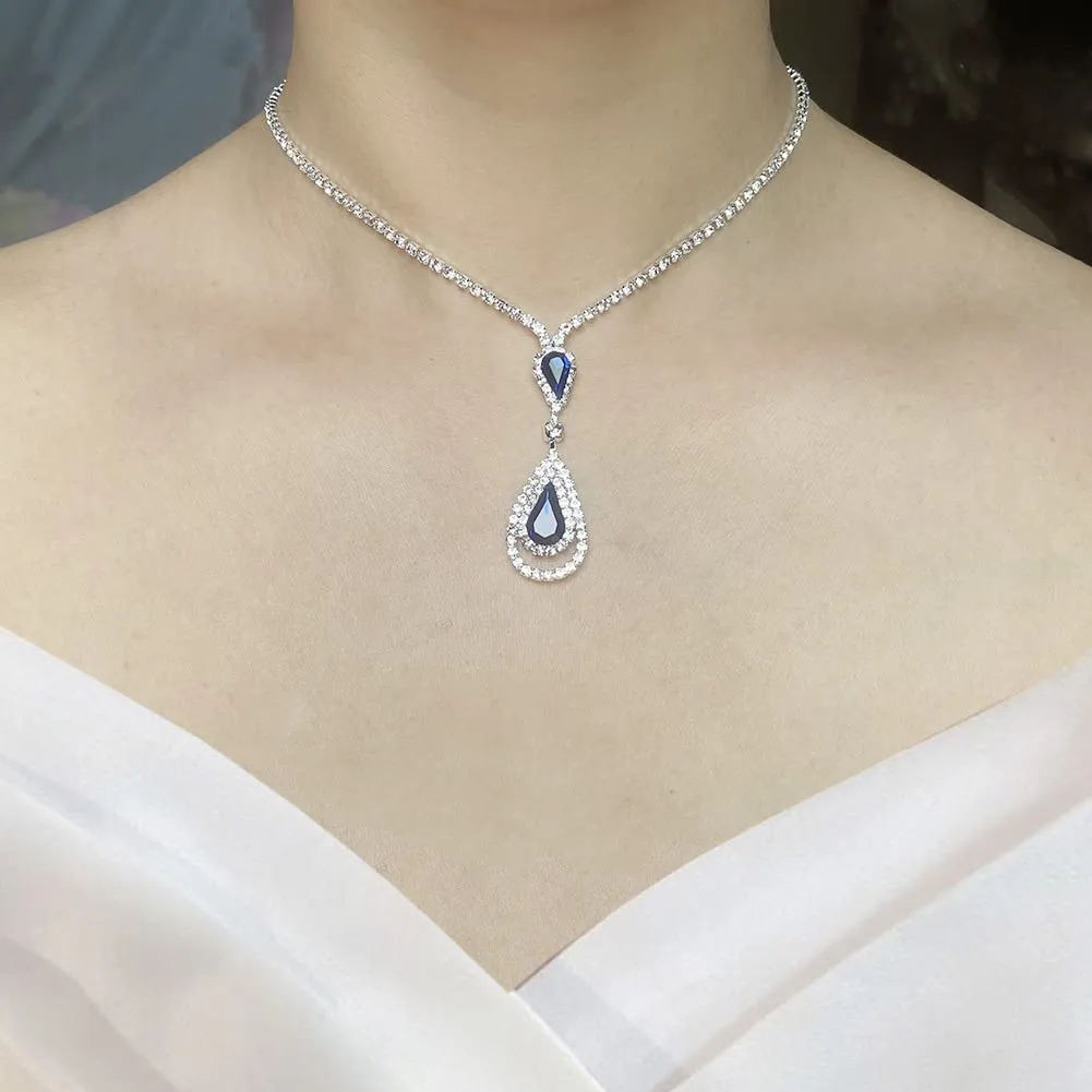 Wedity Wedding Collana di Cristallo Orecchini Set Sposa Girocollo Collane Gioielli con Ciondolo Blu per Donne e Ragazze (Blue 2) - immagine 2
