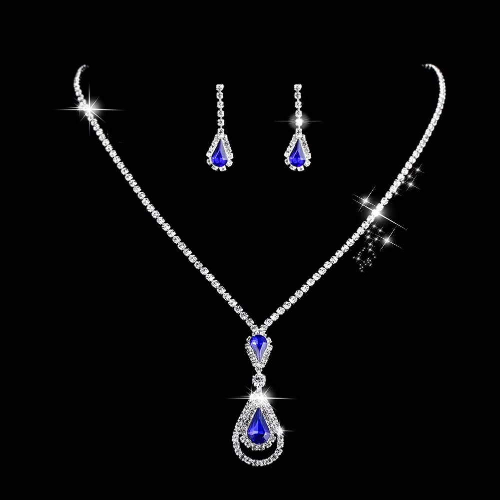 Wedity Wedding Collana di Cristallo Orecchini Set Sposa Girocollo Collane Gioielli con Ciondolo Blu per Donne e Ragazze (Blue 2) - immagine 3