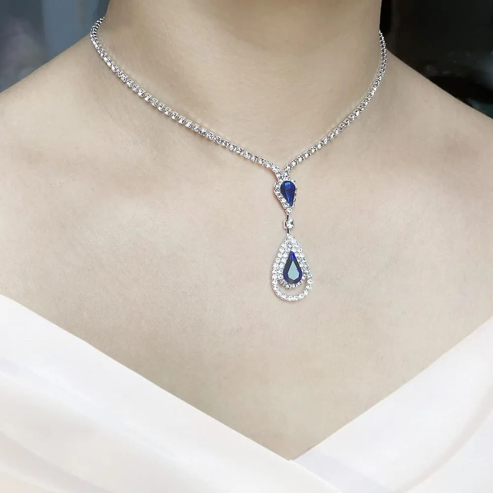 Wedity Wedding Collana di Cristallo Orecchini Set Sposa Girocollo Collane Gioielli con Ciondolo Blu per Donne e Ragazze (Blue 2) - immagine 4