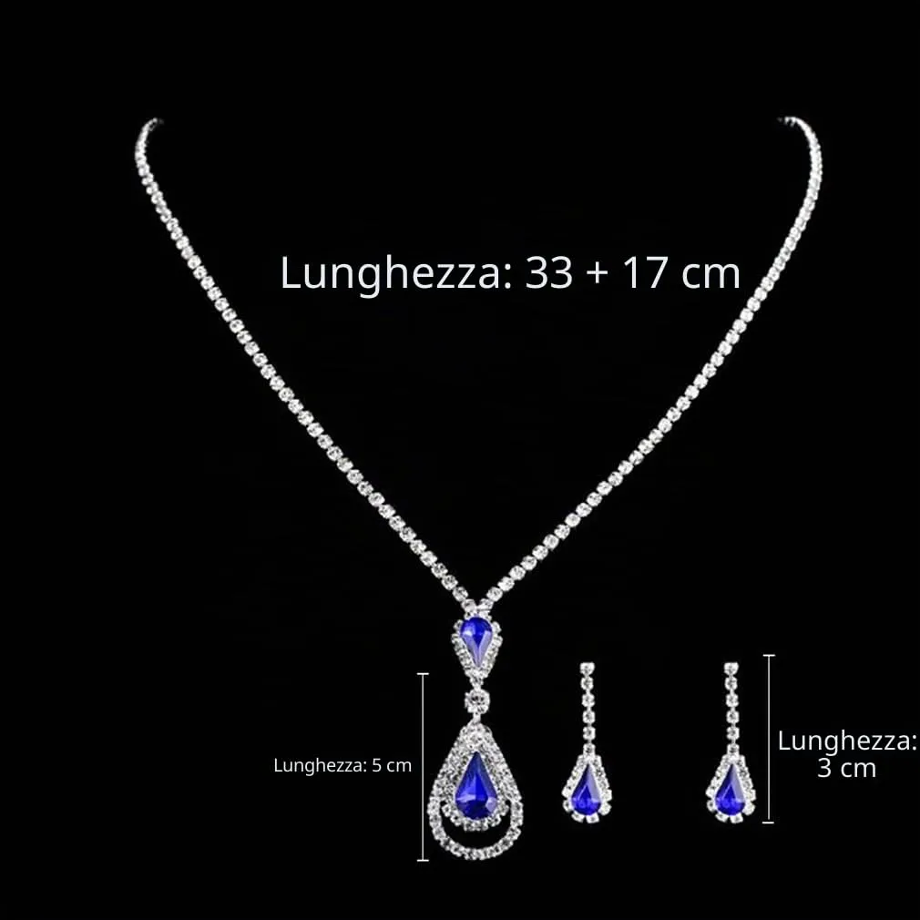 Wedity Wedding Collana di Cristallo Orecchini Set Sposa Girocollo Collane Gioielli con Ciondolo Blu per Donne e Ragazze (Blue 2) - immagine 5