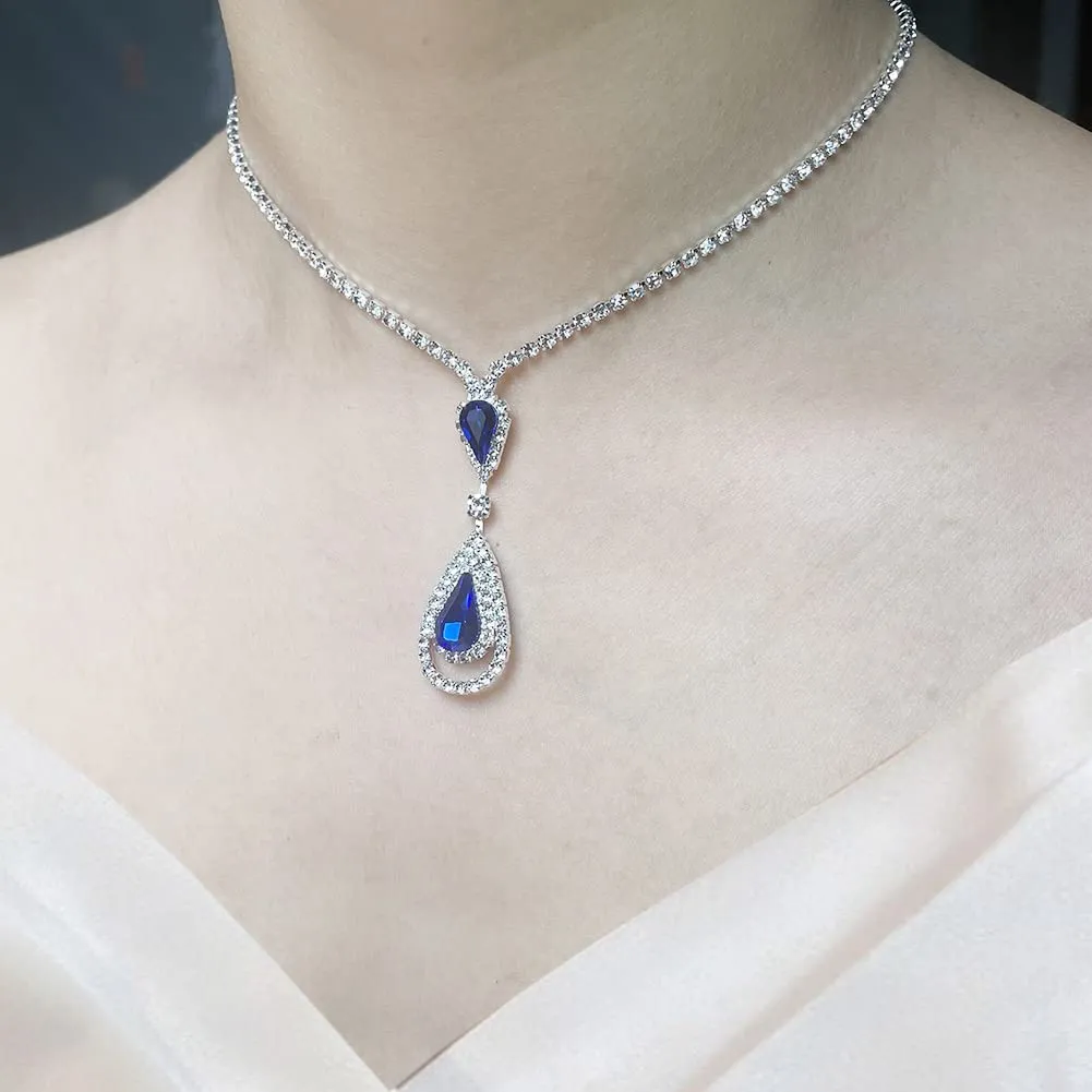 Wedity Wedding Collana di Cristallo Orecchini Set Sposa Girocollo Collane Gioielli con Ciondolo Blu per Donne e Ragazze (Blue 2) - immagine 6