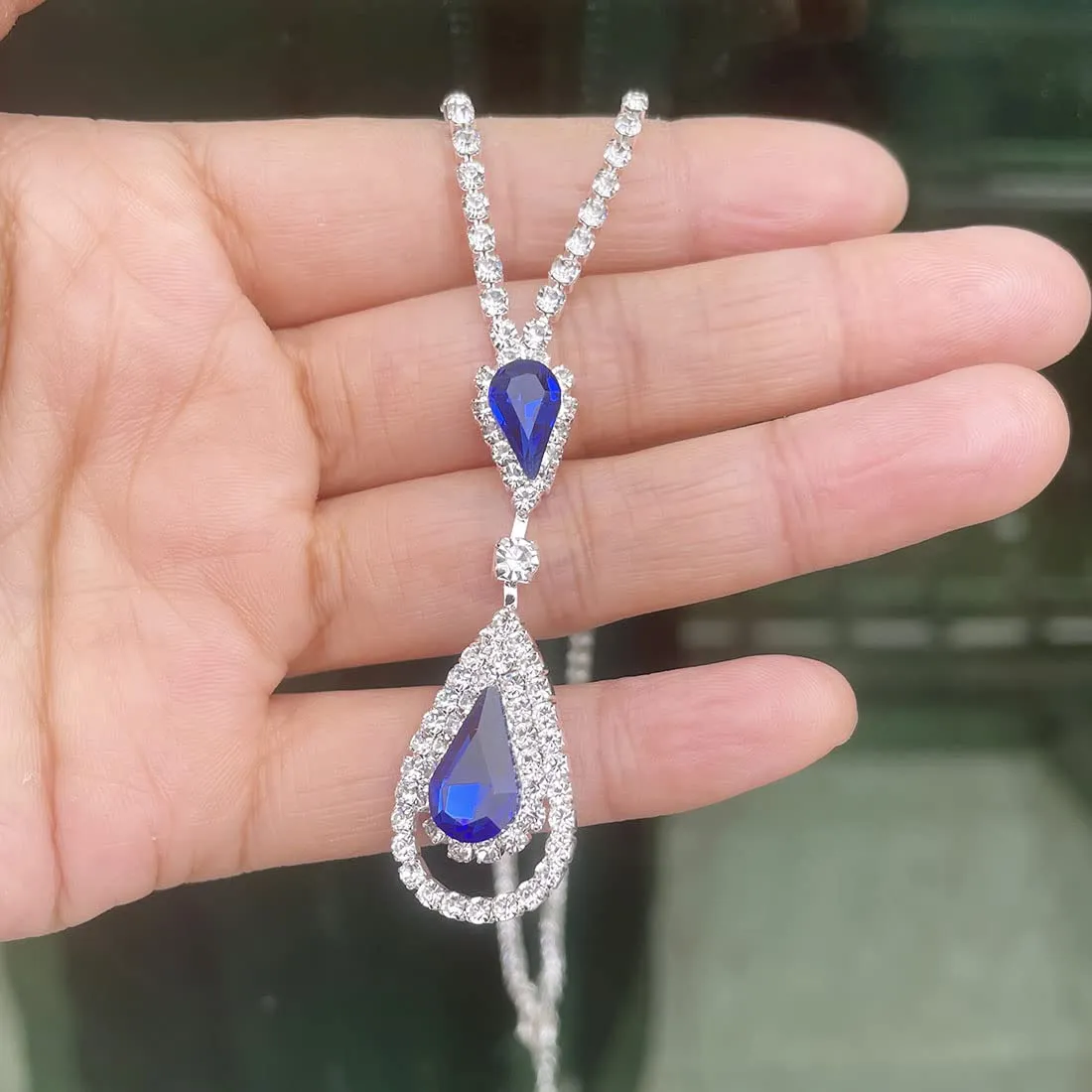Wedity Wedding Collana di Cristallo Orecchini Set Sposa Girocollo Collane Gioielli con Ciondolo Blu per Donne e Ragazze (Blue 2) - immagine 7