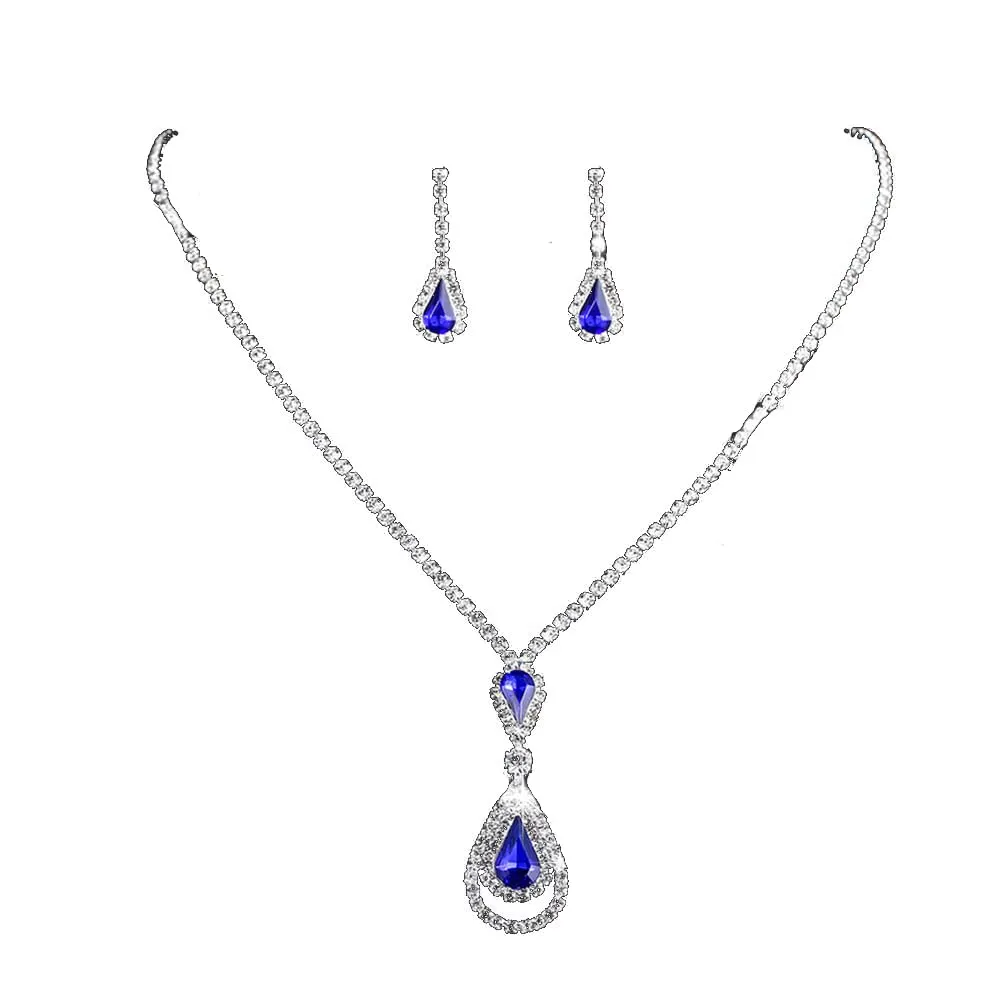 Wedity Wedding Collana di Cristallo Orecchini Set Sposa Girocollo Collane Gioielli con Ciondolo Blu per Donne e Ragazze (Blue 2) - immagine 8