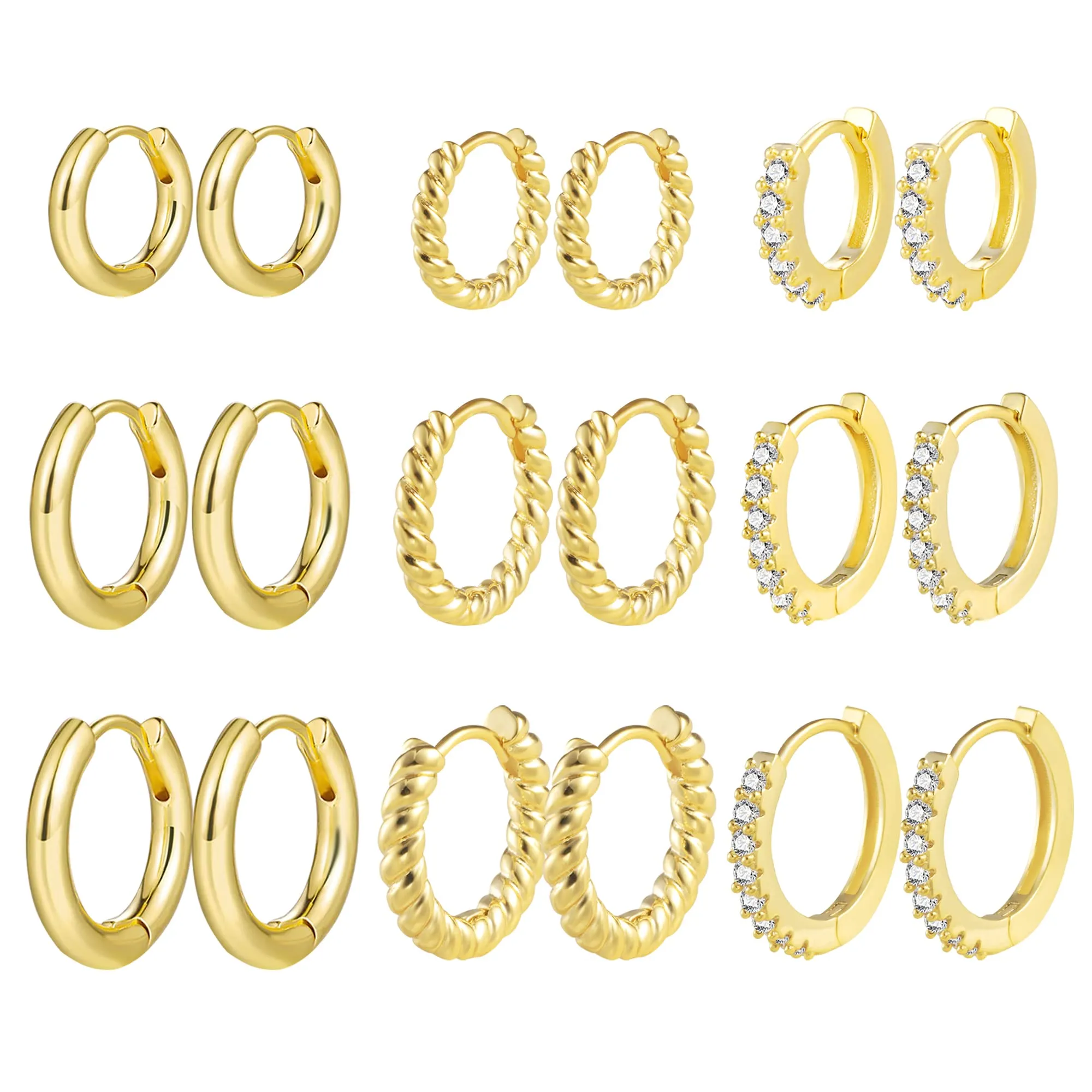 ALEXCRAFT 9 Paia Orecchini Cerchio Donna Oro CZ Lucido e Intrecciati Kit - immagine 1