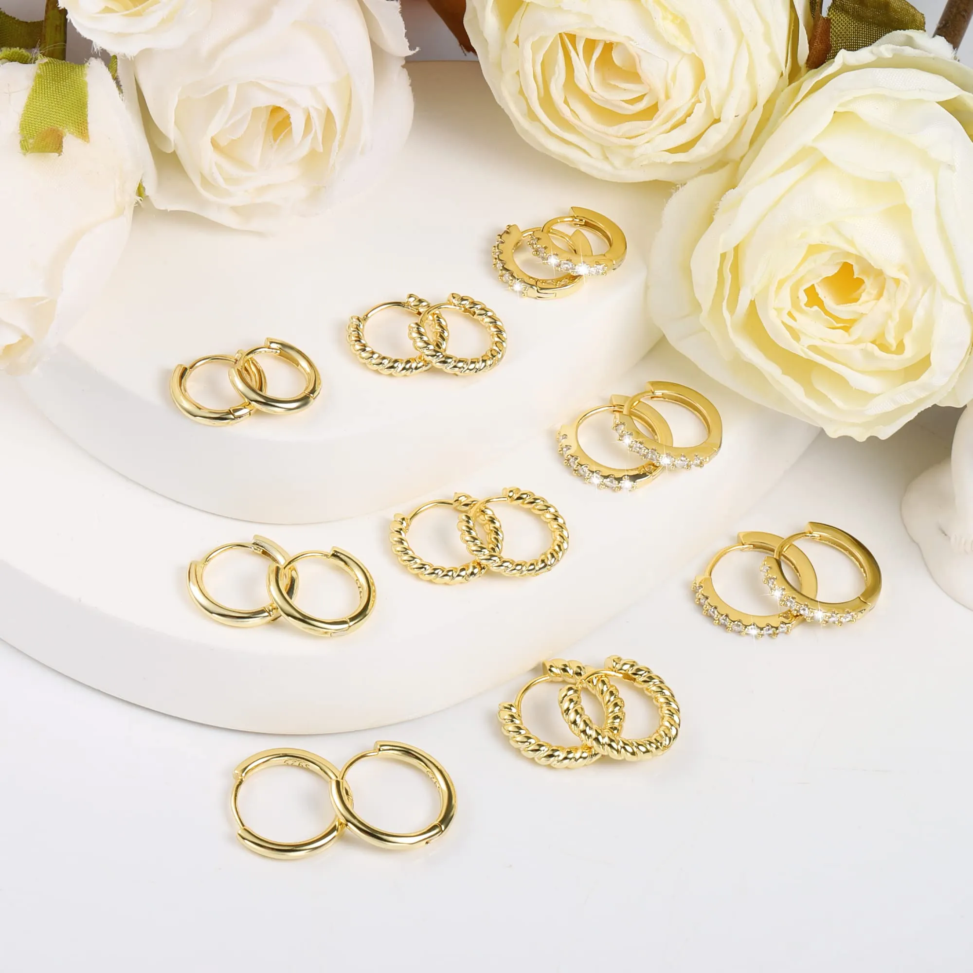 ALEXCRAFT 9 Paia Orecchini Cerchio Donna Oro CZ Lucido e Intrecciati Kit - immagine 3
