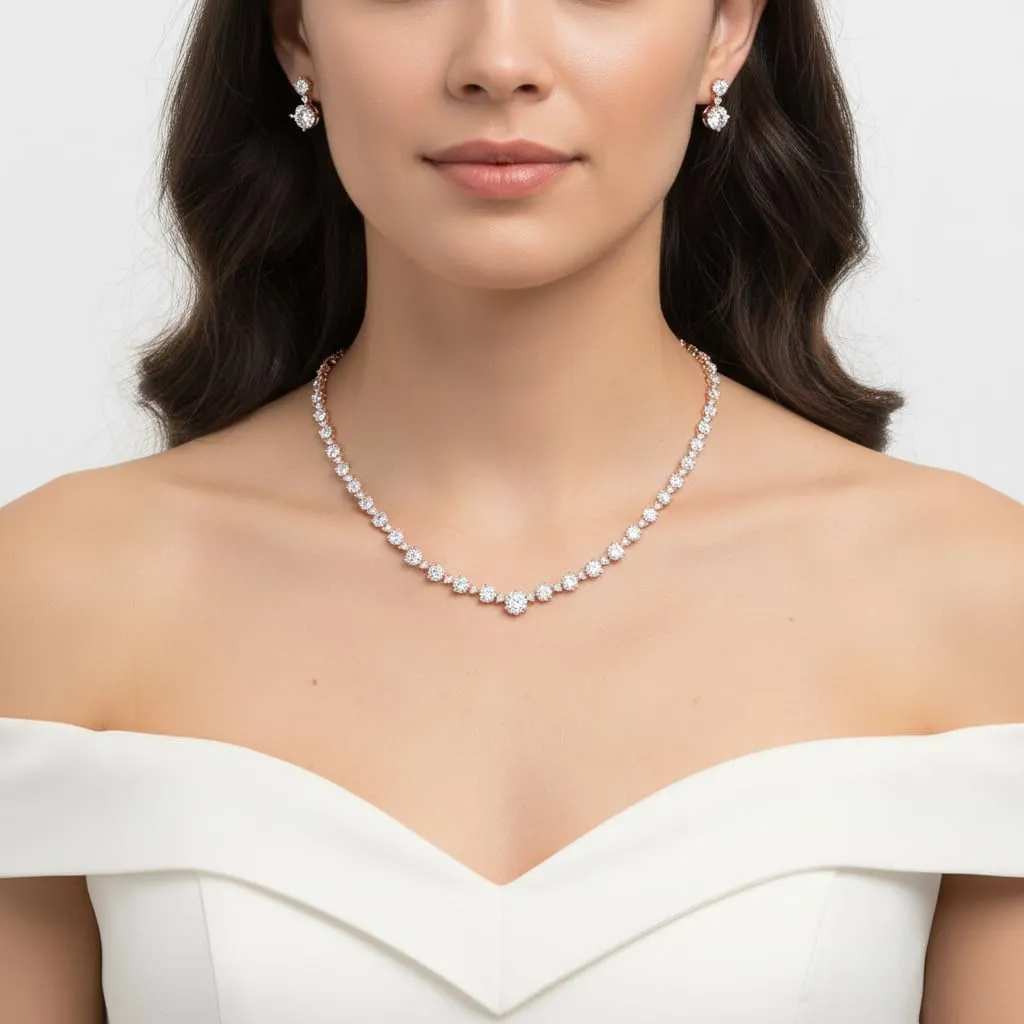 EVER FAITH Gioielli da Sposa Donna Rosa Oro Placcato Bianco Pieno Rotonda CZ Collana Orecchini Set - immagine 2
