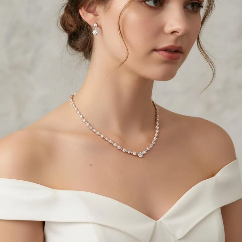 EVER FAITH Gioielli da Sposa Donna Rosa Oro Placcato Bianco Pieno Rotonda CZ Collana Orecchini Set - immagine 3