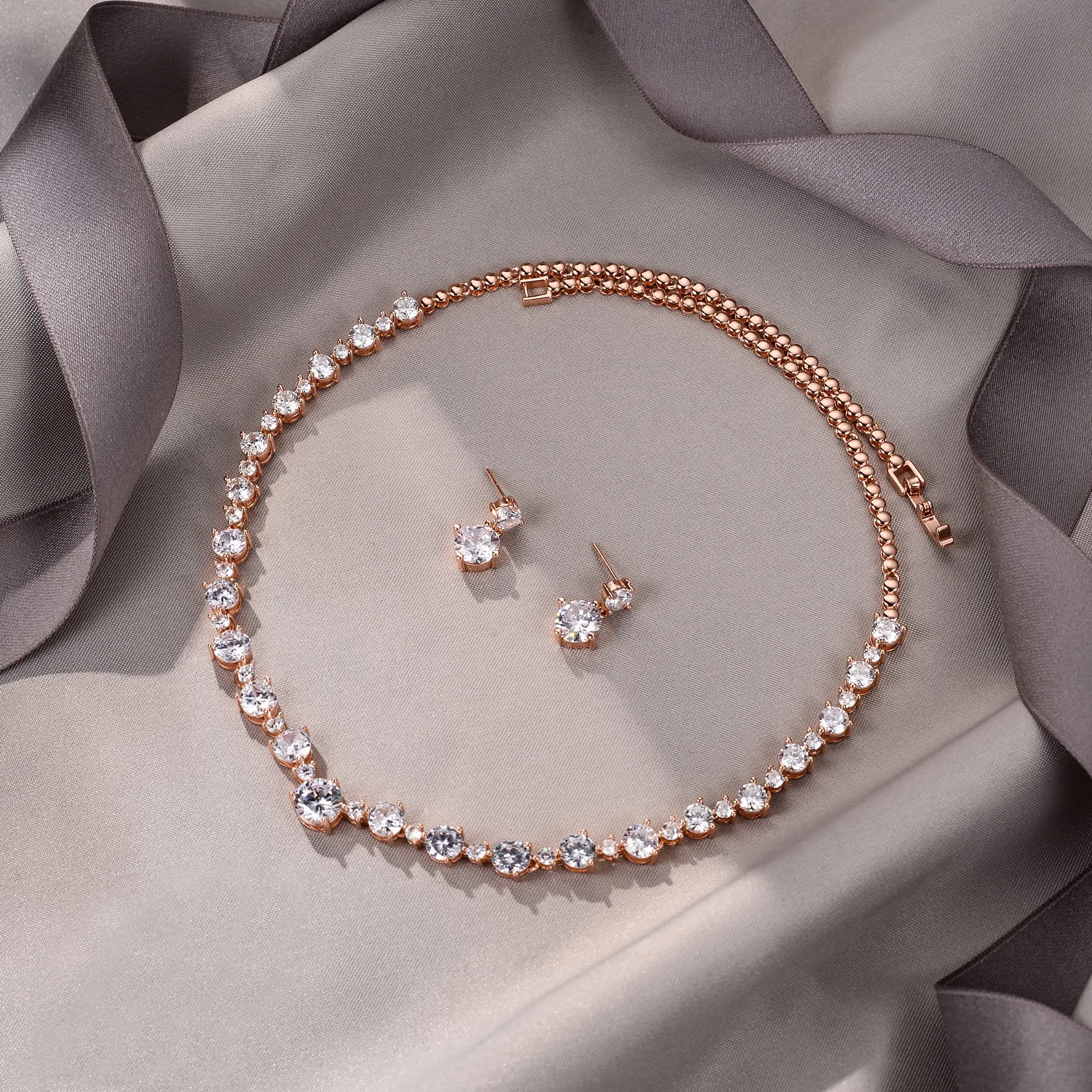 EVER FAITH Gioielli da Sposa Donna Rosa Oro Placcato Bianco Pieno Rotonda CZ Collana Orecchini Set - immagine 4