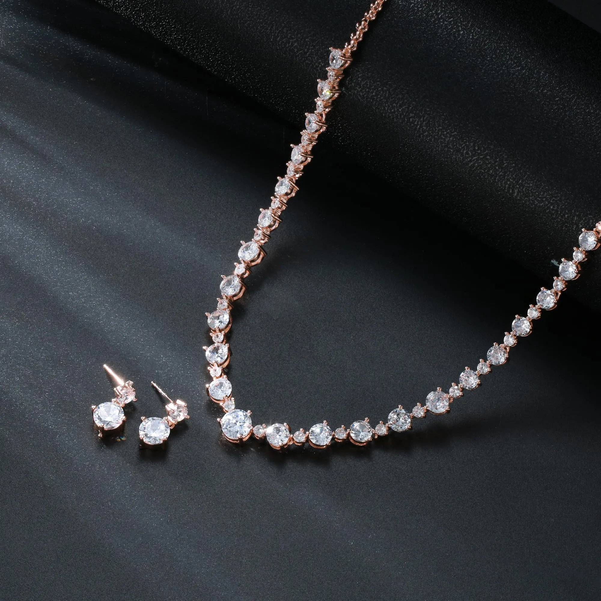 EVER FAITH Gioielli da Sposa Donna Rosa Oro Placcato Bianco Pieno Rotonda CZ Collana Orecchini Set - immagine 5