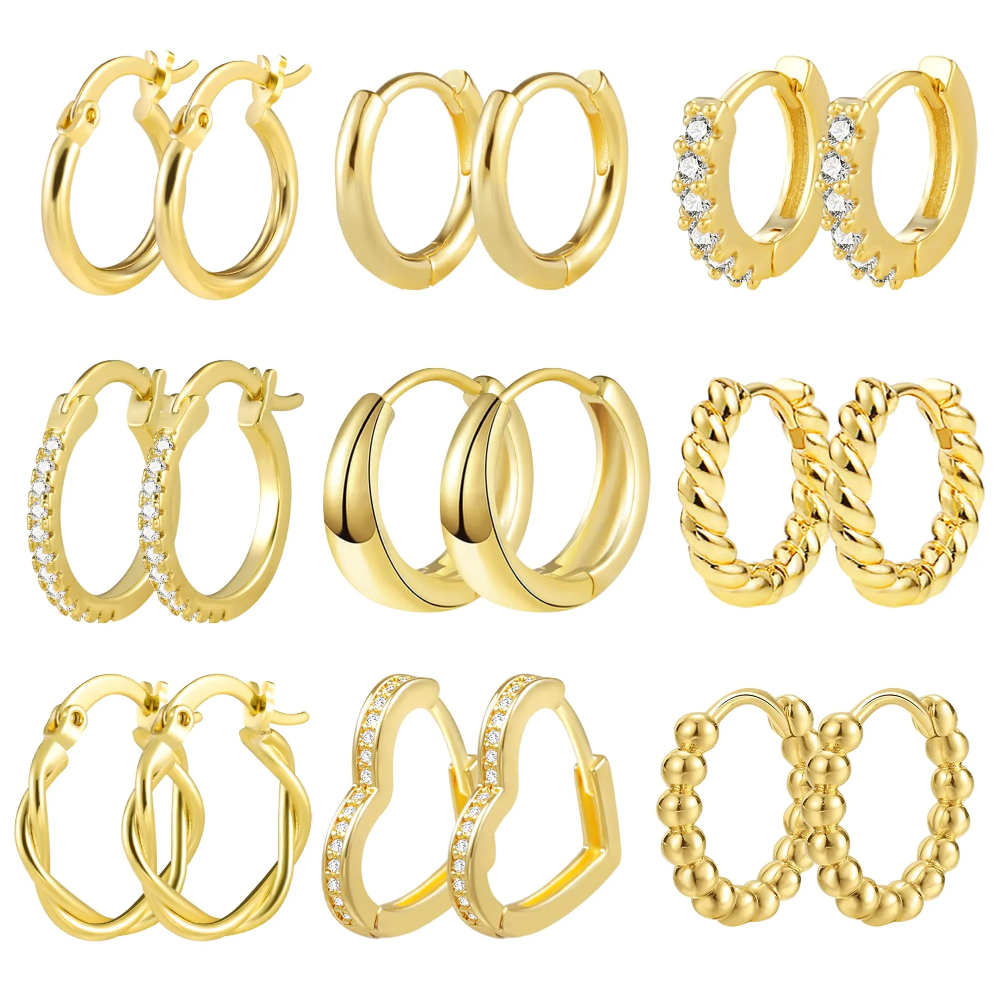 ALEXCRAFT Kit 9 Paia Orecchini Cerchio Donna Oro 14K Misti Zirconi Regalo - immagine 1
