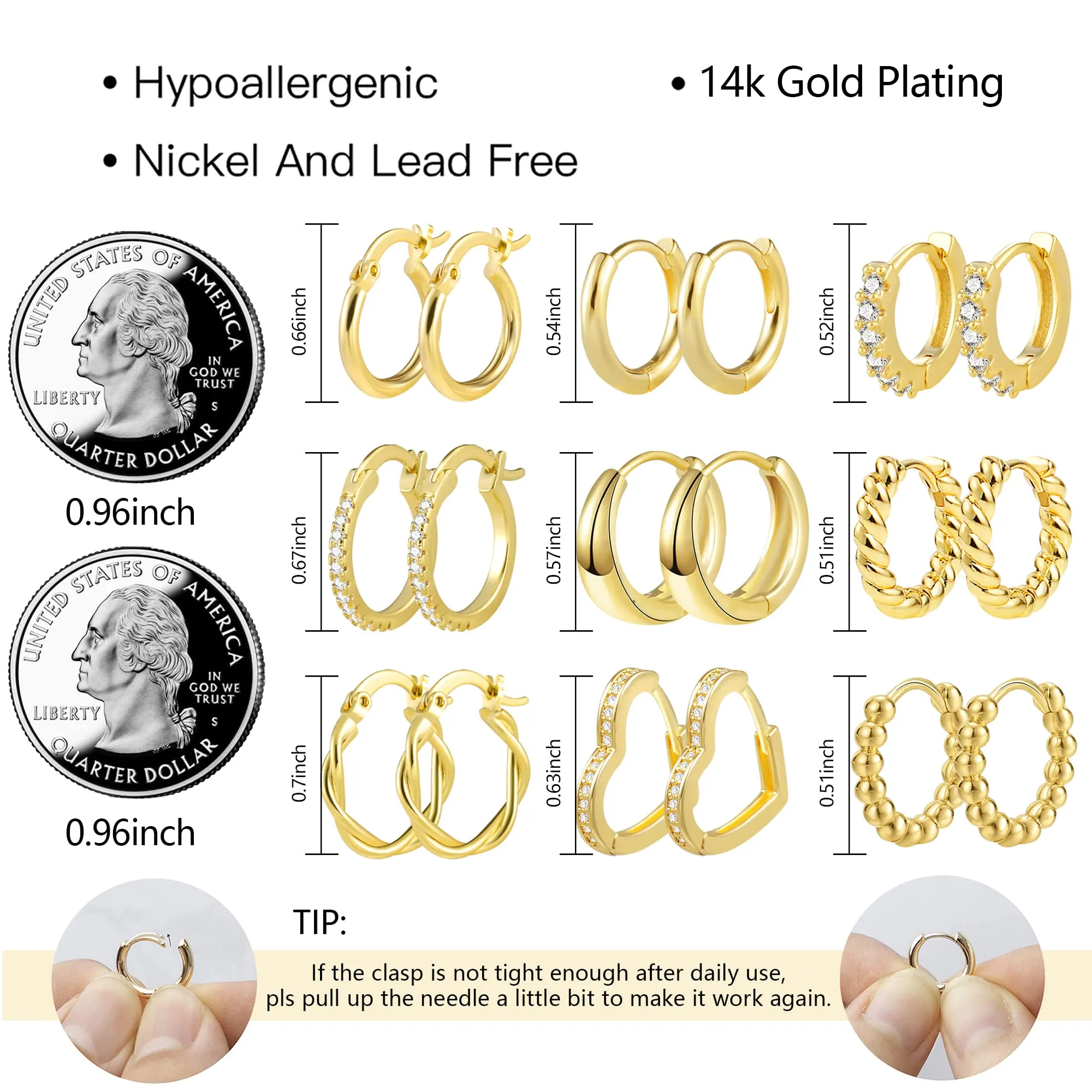 ALEXCRAFT Kit 9 Paia Orecchini Cerchio Donna Oro 14K Misti Zirconi Regalo - immagine 2
