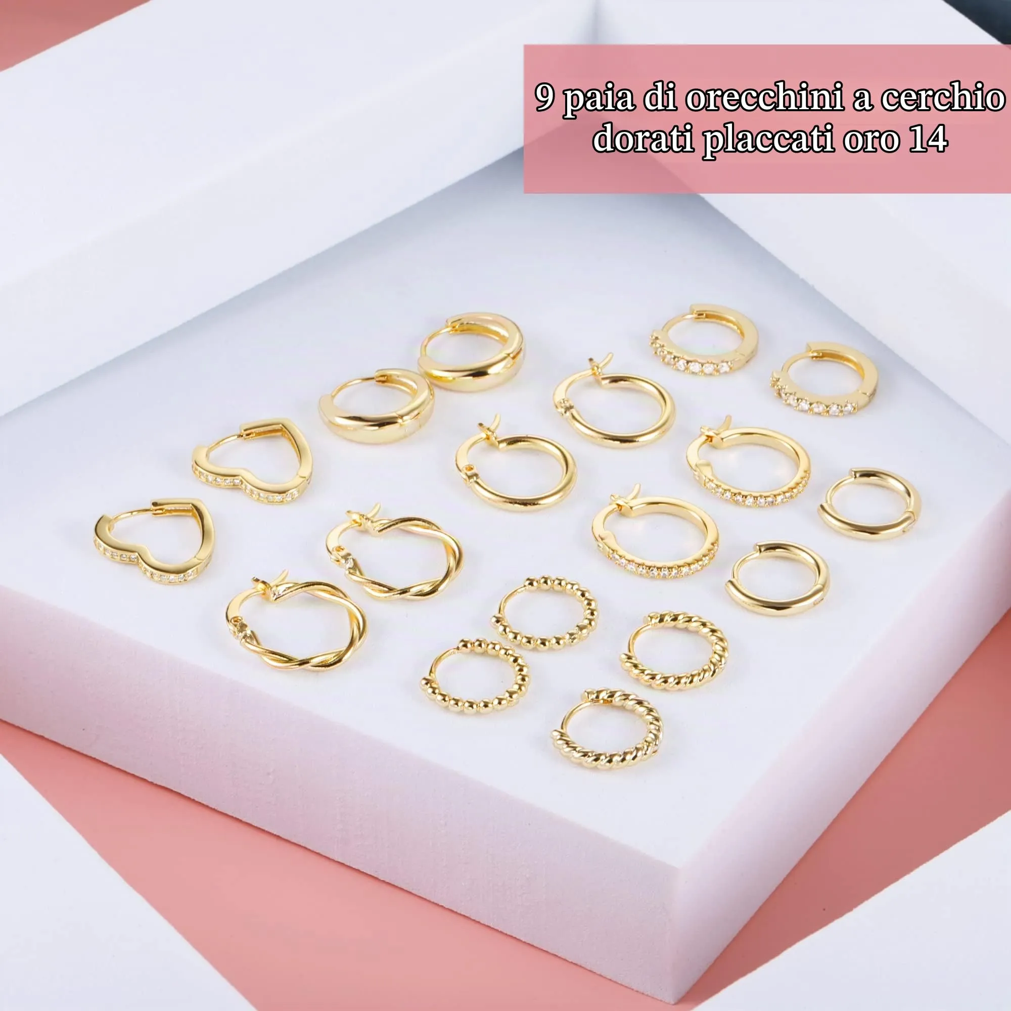 ALEXCRAFT Kit 9 Paia Orecchini Cerchio Donna Oro 14K Misti Zirconi Regalo - immagine 7