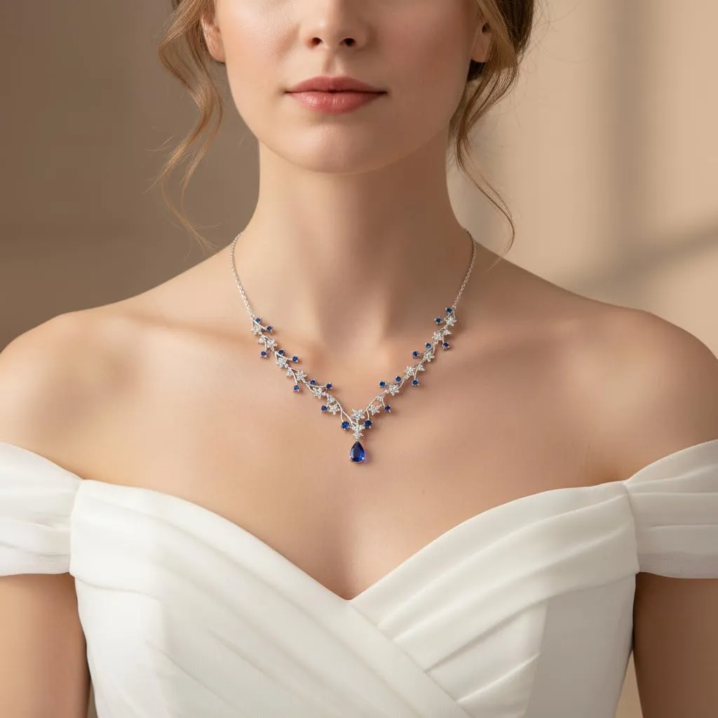 EVER FAITH Set di Gioielli per la Sposa Rotondo Goccia Zircon Fiore Cluster Vine Pendant Collana Orecchini Blu Argento Fondo - immagine 2