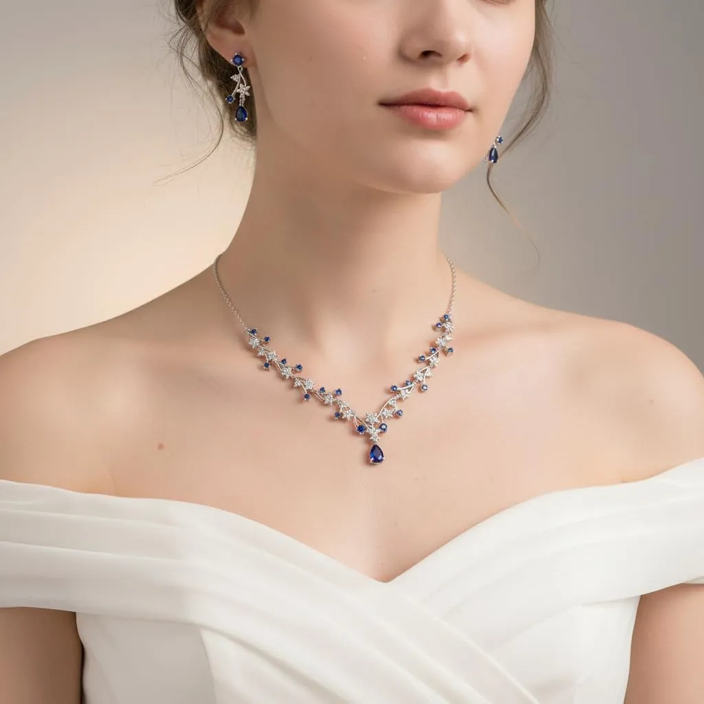 EVER FAITH Set di Gioielli per la Sposa Rotondo Goccia Zircon Fiore Cluster Vine Pendant Collana Orecchini Blu Argento Fondo - immagine 3